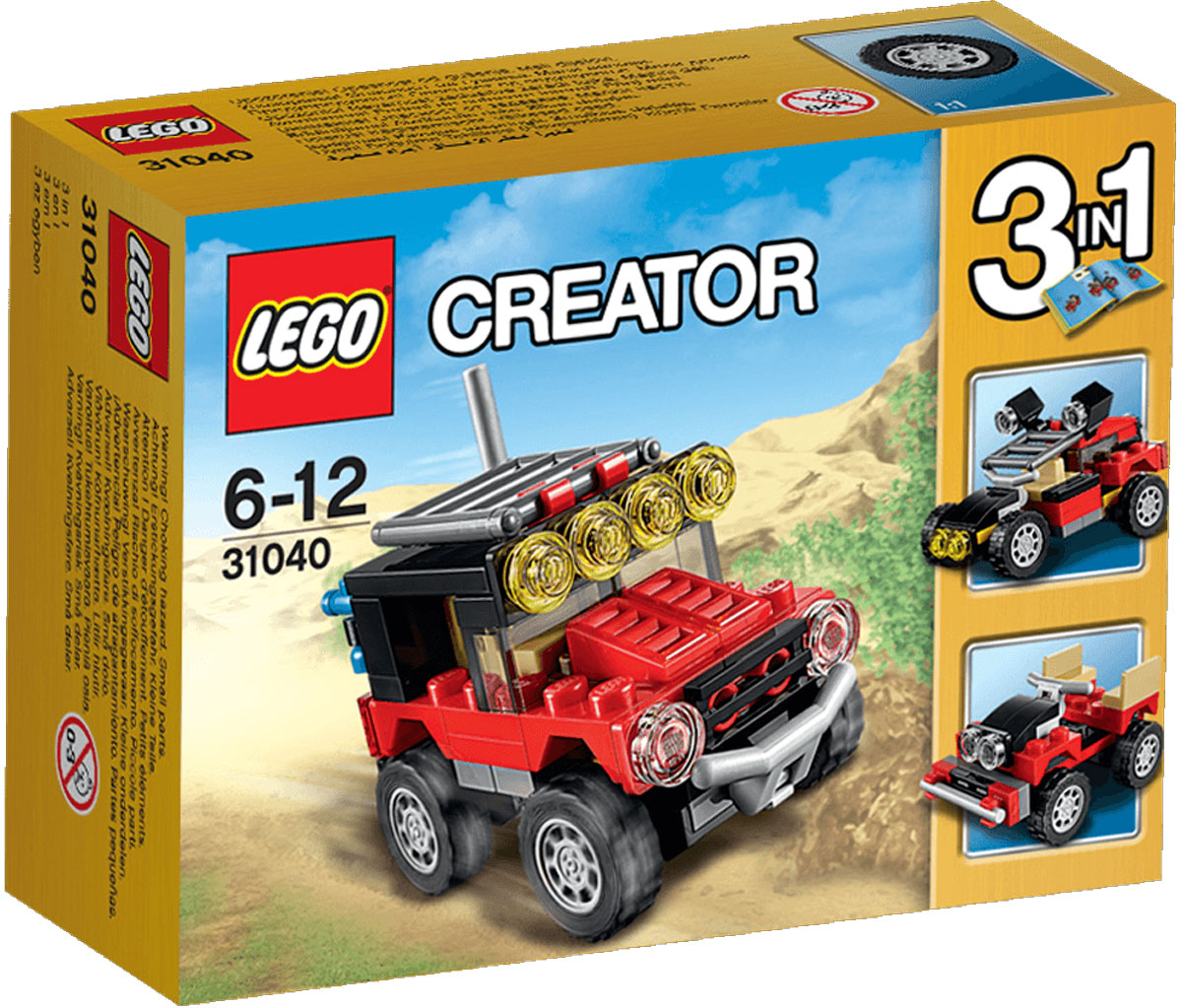 LEGO Creator Конструктор Гонки в пустыне 3104031040 LEGO Creator Конструктор Гонки в пустыне 3104031040Отправляйтесь в увлекательное путешествие в пустыню на суровом внедорожнике, раскрашенном в крутые цвета: красный, черный и коричневый, и оснащенном желтыми маячками предупреждения, антенной, дополнительным бампером, каркасом безопасности и большими шинами с глубоким протектором. Забирайтесь в кабину и испытайте этот мощный автомобиль! Когда будете готовы к очередной задаче, перестройте его в удивительный багги для езды по песку или в мощный полноприводный автомобиль. Набор включает в себя 65 разноцветных пластиковых элементов. Конструктор - это один из самых увлекательных и веселых способов времяпрепровождения. Ребенок сможет часами играть с конструктором, придумывая различные ситуации и истории.