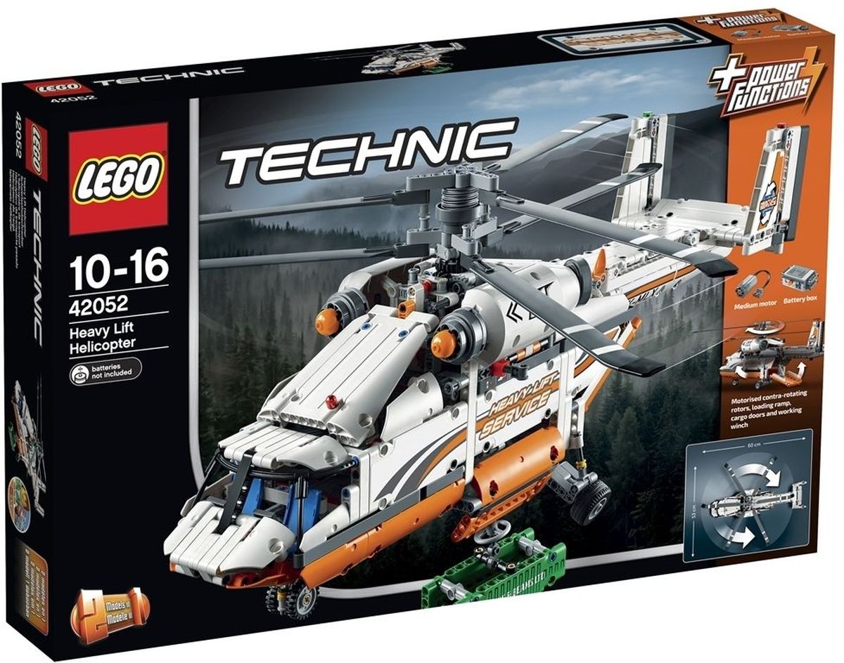 LEGO Technic Конструктор Грузовой вертолет 4205242052 LEGO Technic Конструктор Грузовой вертолет 4205242052Соберите и испытайте замечательный Грузовой вертолет LEGO Technic! Эта огромная, надежная модель 2-в-1 включает аутентичные детали и интересные функции. Активируйте входящий в комплект мотор Power Functions, чтобы привести в действие несущие винты противоположного вращения, спустите грузовую рампу, откройте двери грузового отсека, выдвиньте лебедку и поднимите входящий в набор груз. Эта замечательная модель также включает подвижный хвостовой руль и подъемники, и разнонаправленное носовое колесо... она совсем как настоящая! Модель можно переделать в мощный двухроторный вертолет! Набор включает в себя 1042 разноцветных пластиковых элемента. Конструктор - это один из самых увлекательных и веселых способов времяпрепровождения. Ребенок сможет часами играть с конструктором, придумывая различные ситуации и истории. Необходимо купить 6 батареек напряжением 1,5V типа АА (не входят в комплект).