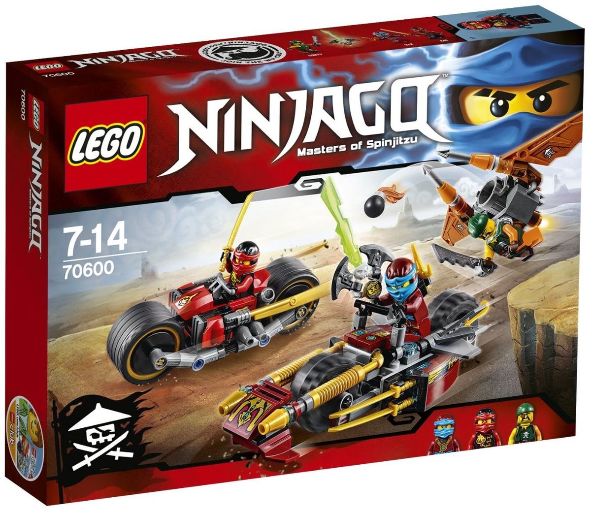 LEGO NINJAGO Конструктор Погоня на мотоциклах 7060070600 LEGO NINJAGO Конструктор Погоня на мотоциклах 7060070600Нацель скрытые пушки и ускорители мотоцикла Кая на флайер небесного пирата. Уклоняйся от бомб с флайера и целься из водомёта стихий, установленного на удивительном мотоцикле Нии. Сбей флайер, а затем разверни золотые мечи ниндзя на мотоцикле Кая, чтобы атаковать. Ты должен победить Скиффи и освободить Коула из Джинн-клинка! Конструктор LEGO NINJAGO Погоня на мотоциклах включает в себя 231 разноцветный пластиковый элемент с тремя фигурками. Конструктор - это один из самых увлекательных и веселых способов времяпрепровождения. Ребенок сможет часами играть с конструктором, придумывая различные ситуации и истории.