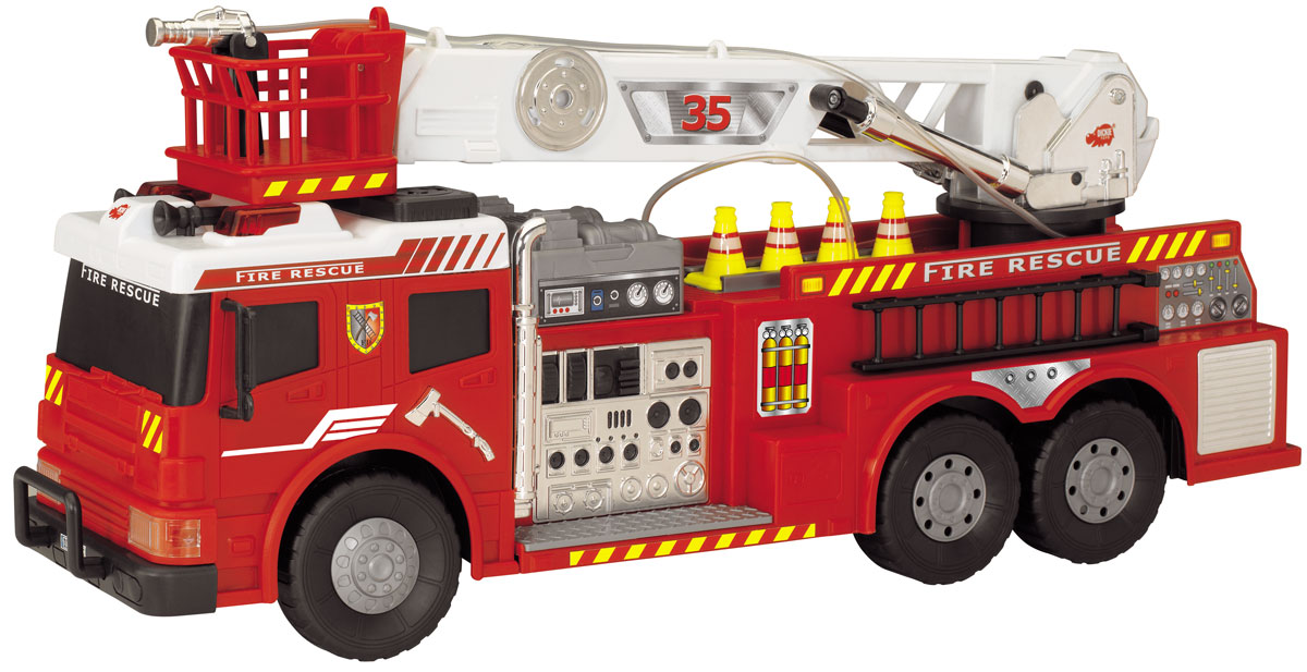 Dickie Toys Пожарная машина на радиоуправлении3442889 Dickie Toys Пожарная машина на радиоуправлении3442889Пожарная машина на радиоуправлении Dickie Toys обязательно порадует вашего ребенка и подарит ему множество веселых игр и положительных эмоций. Выполненная из высококачественного безопасного пластика игрушка отличается большим размером и имеет интересные световые и звуковые эффекты. Стрела пожарной машины поворачивается, лестница выдвигается. Для большей реалистичности стрела оснащена резиновым шлангом с функцией подачи воды. Ребенок сможет залить в специально предназначенный отсек настоящую воду и тушить воображаемые пожары. Кроме того, модель обладает высокой детализацией и имеет инерционный механизм. Машинкой можно управлять при помощи пульта управления и просто катать ее по полу или земле. При помощи пульта игрушка движется вперед, назад, влево и вправо, также на пульте расположены кнопки включения сирены и подачи воды. Радиоуправляемые игрушки развивают у ребенка мелкую моторику, логику, координацию движений и пространственное мышление. Порадуйте своего малыша таким...