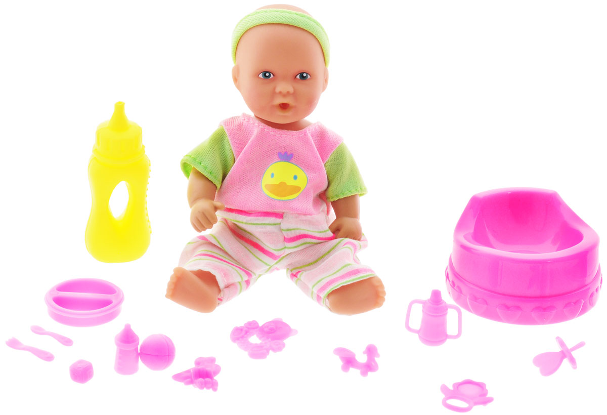 Simba Игровой набор с куклой Mini New Born Baby5033195 Simba Игровой набор с куклой Mini New Born Baby5033195Игровой набор Simba New Born Baby надолго займет внимание вашей малышки и подарит ей множество счастливых мгновений. Голова, руки и ноги куколки подвижны, во рту есть отверстие для бутылочки или соски. Пупс одет в яркий комбинезончик с розовыми и салатовыми полосками, который легко снимается. Кукла может пить и ходить на горшок. В комплекте с пупсом прилагается горшочек, бутылочка и множество различных аксессуаров для кормления и игры с маленьким пупсом.