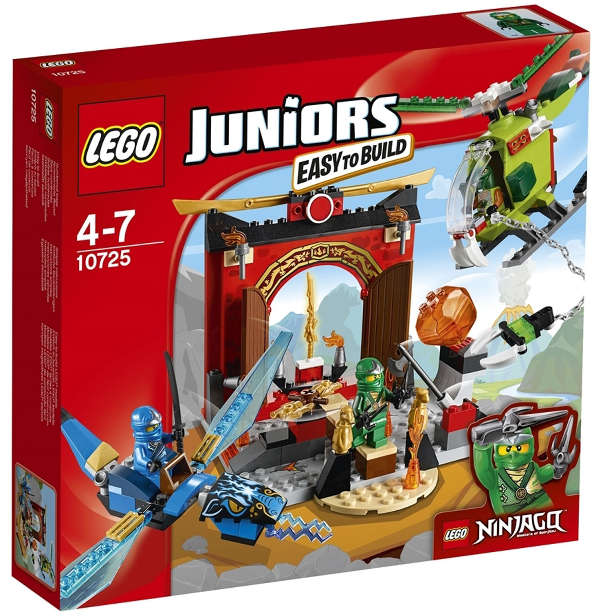 LEGO Juniors Конструктор Затерянный храм 1072510725 LEGO Juniors Конструктор Затерянный храм 1072510725В затерянном храме ниндзя хранится могущественное оружие - золотой меч стихии Огня. Стать его обладателям мечтают многие герои, но добраться до храма и преодолеть все препятствия под силу далеко не каждому. Для этой сложной миссии клан змей построил боевой вертолёт с множеством активных функций. Чтобы защитить древний храм от разграбления, Ллойд и Джей решили объединить усилия. Зелёный ниндзя занялся пешим патрулированием территорий, а ниндзя Молний воспользовался помощью дракона, обладающего подвижными голубыми крыльями, острым хвостом и разноцветными молниями, вырывающимися из пасти. Теперь змеиные захватчики получат достойный отпор! Конструктор LEGO Juniors Затерянный храм включает в себя 172 разноцветных пластиковых элемента с тремя фигурками. Конструктор - это один из самых увлекательных и веселых способов времяпрепровождения. Ребенок сможет часами играть с конструктором, придумывая различные ситуации и истории.