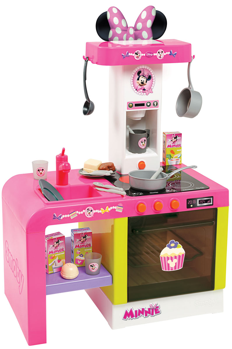 Smoby Игровой набор Кухня Cheftronic Minnie24197 Smoby Игровой набор Кухня Cheftronic Minnie24197Игровой набор Smoby Кухня Cheftronic Minnie прекрасный и полезный подарок для маленькой девочки! Все элементы набора изготовлены из высококачественных нетоксичных материалов, абсолютно безопасных для вашего ребенка. С помощью такой кухни у ваших деток будет веселая и полная волнений игра. Кухня оснащена звуковыми и световыми эффектами, всем необходимым для готовки - мойкой с краном, духовкой, варочной панелью, кофеваркой, полочками, тарелочками, ложками, вилками, ножами, чашками, половником, кастрюльками, коробочками с полуфабрикатами, муляжами продуктов. Конфорки издают звуки шипения и варения. Такая детская кухонька познакомит вашего ребенка с самыми простыми способами приготовления еды, разовьет у него любознательность, логическое мышление, способность к приготовлению пищи и появится желание помогать маме. Кухня имеет высокое качество и уникальный дизайн. Необходимо купить 3 батарейки напряжением 1,5V типа АА (не входят в комплект).