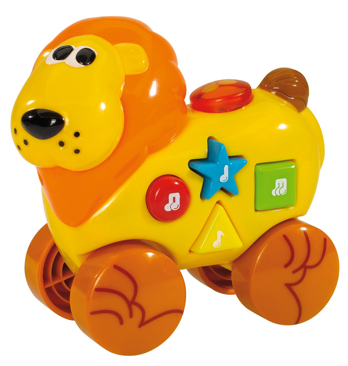 Simba Музыкальная игрушка Лев на колесиках4011610_лев Simba Музыкальная игрушка Лев на колесиках4011610_левКрасочная развивающая игрушка Simba Лев на колесиках понравится любому малышу. Игрушка изготовлена из высококачественного пластика ярких цветов в виде забавного желтого львенка. Нажимая на большие разноцветные кнопочки на его спине, можно услышать веселые мелодии, которые сопровождаются световыми эффектами. Ребенку будет интересно катать игрушку и передвигаться за ней по комнате - ползком, или даже делая первые шаги. Благодаря данной игрушке, ребенок будет развивать мелкую моторику и цветовое и звуковое восприятие. Для работы необходимы 3 батарейки типа LR44 (комплектуется демонстрационными).
