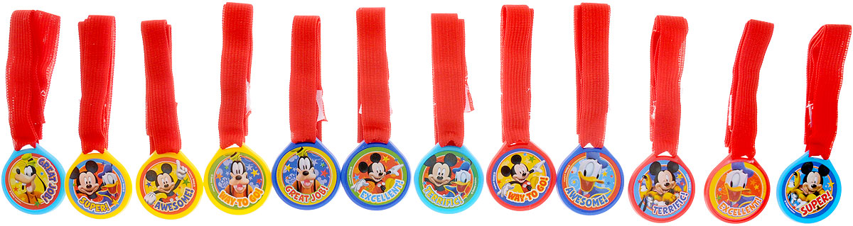 Веселая затея Медаль Disney Микки Маус 12 шт1507-0819 Веселая затея Медаль Disney Микки Маус 12 шт1507-0819Комплект медалей Веселая затея Disney: Микки Маус включается в себя 12 пластиковых медалей с красными ленточками для участников конкурсов с изображением Микки Мауса, Минни Маус, Гуфи и Дональда Дака. В комплекте 3 синие, 3 красные, 3 голубые, 3 желтые медали. Надписи на медалях также различаются: Excellent!, Great Job!, Awesome!, Way To Go!, Terrific!, Super!. Никто не уйдет без награды!