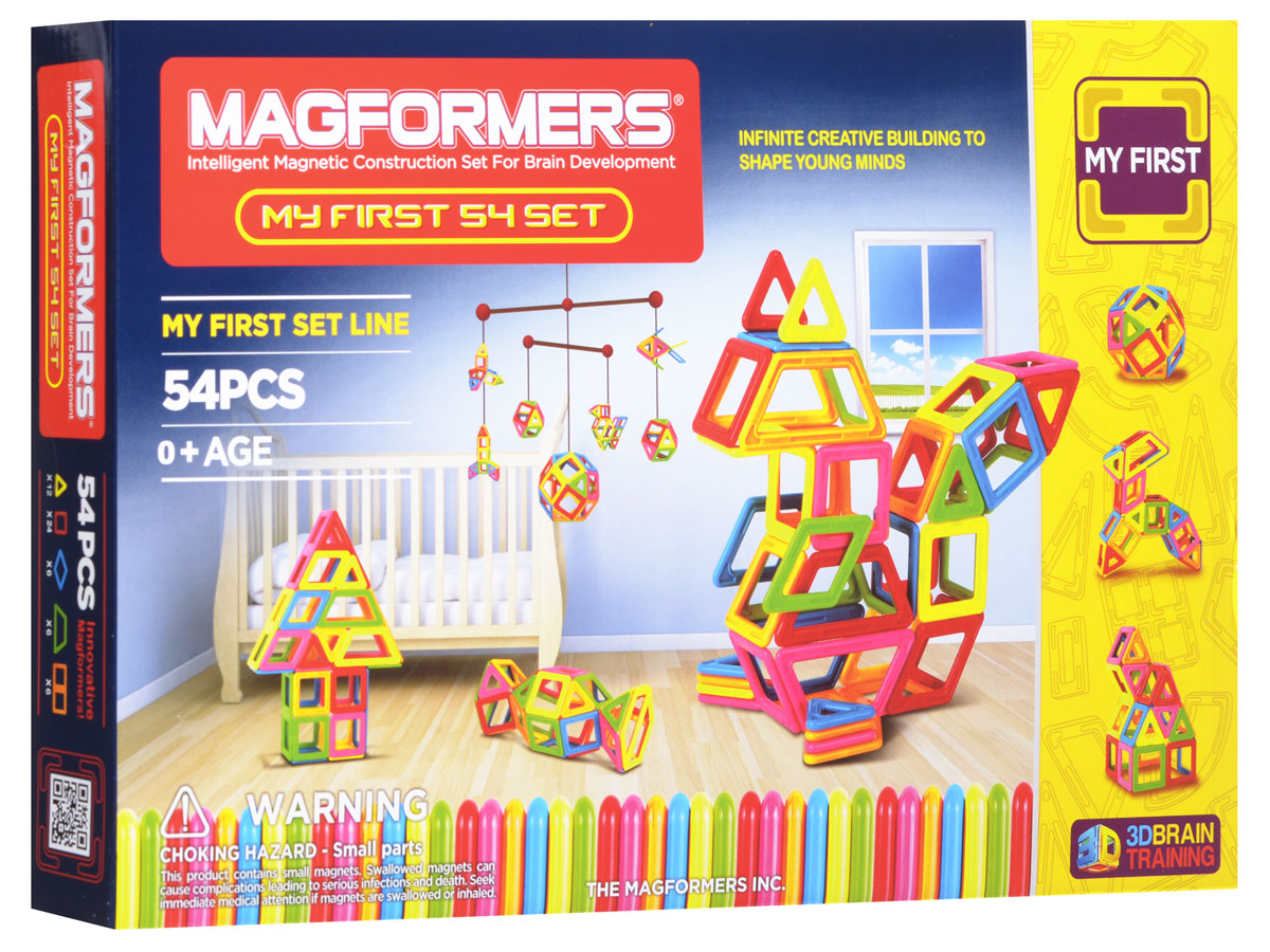 Magformers Магнитный конструктор My First 5463108 Magformers Магнитный конструктор My First 5463108Магнитный конструктор Magformers Classic Set позволит построить различные 2D и 3D модели из двух геометрических фигур - треугольников и квадратов. Почувствуйте силу магнитного поля, исследуйте и экспериментируйте с многочисленными вариантами соединений деталей! Магнитный конструктор Magformers Classic Setподходит для семьи с детьми, среди которых есть малыши возрастом до одного года. Данный набор абсолютно безопасен для детей самой младшей возрастной категории, что подтверждено сертификатами и присвоением особой категории 0+. Крупные детали, отсутствие острых углов и гладкие поверхности делают детали данного набора приемлемыми для игры с детьми с рождения. Однако данный набор будет интересен и детям постарше, ведь они смогут выполнять разнообразные задания, изучать цвета, создавать аппликации на плоскости и объемные фигуры. В комплект входит: 54 элемента конструктора, 3 листа с 6 игровыми полями, 5 карточек с постройками, игровая книга с заданиями.