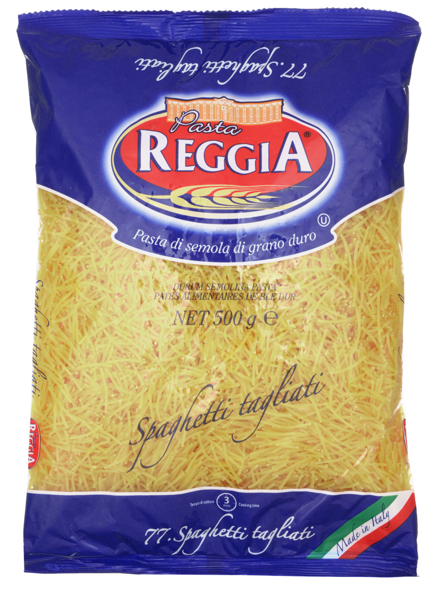 Pasta Reggia Вермишель макароны, 500 г8008857300771 Pasta Reggia Вермишель макароны, 500 г8008857300771Вермишель Pasta Reggia 077 произведена по классическим рецептам неаполитанской кухни Юга Италии. Эта мелкая паста подойдет для добавления в супы, детскую пищу, либо приготовления с молоком. Также вы можете воплотит свою собственную кулинарную фантазию - Pasta Reggia 077 помогут вам в этом!