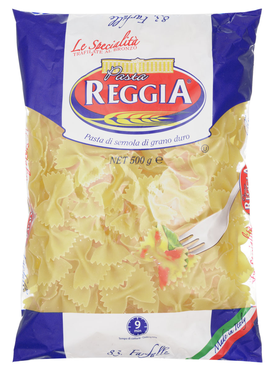 Pasta Reggia Бантики макароны, 500 г8008857400839 Pasta Reggia Бантики макароны, 500 г8008857400839Макароны-бантики Pasta Reggia 083 произведены по классическим рецептам неаполитанской кухни Юга Италии. Симпатичные бантики будут оригинально смотреться в любых ваших блюдах, а вкусовые качества оставят довольным самого придирчивого гурмана! Тесто для макарон изготовлено из твердых сортов пшеницы, благодаря чему предотвращается разваривание и потеря формы.