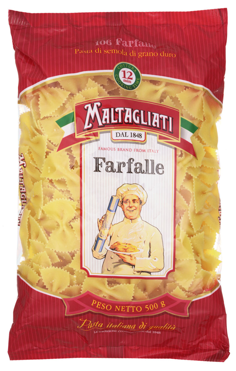 Maltagliati Farfalle Бантики макароны, 500 г8001810903613 Maltagliati Farfalle Бантики макароны, 500 г8001810903613Макаронные изделия Maltagliati производятся в Италии в Тоскане с 1848 года. Несмотря на то, что Maltagliati - это имя собственное, с начала прошлого века Maltagliati используется в Италии как нарицательное имя для домашней лапши и формата макаронных изделий похожих на домашнюю лапшу. Это самые известные итальянские макаронные изделия на территории Российской Федерации и, вероятно, всего бывшего СССР.