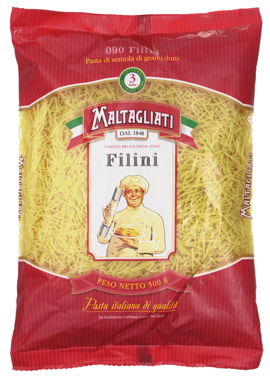 Maltagliati Filini Паутинка макароны, 500 г8001810903521 Maltagliati Filini Паутинка макароны, 500 г8001810903521Лапша - паутинка Maltagliati 090 производится в Италии в Тоскане с 1848 года. Макаронные изделия Maltagliati с изображением итальянского повара — самые известные итальянские макаронные изделия на территории Российской Федерации и, вероятно, всего бывшего СССР. Эту лапшу можно добавить в суп или в детскую пищу, а также приготовить с молоком или овощами и мясом - любое блюдо будет на высоте благодаря отменным вкусовым качествам макаронных изделий!