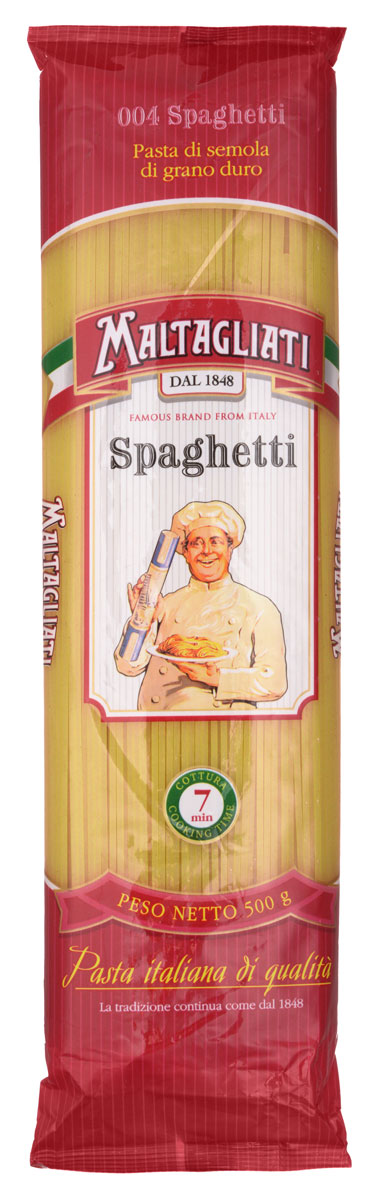 Maltagliati Spaghetti Спагетти макароны, 500 г8001810903484 Maltagliati Spaghetti Спагетти макароны, 500 г8001810903484Спагетти Maltagliati производятся в Италии в Тоскане с 1848 года. Макаронные изделия Maltagliati 004 с изображением итальянского повара — самые известные итальянские макаронные изделия на территории Российской Федерации и, вероятно, всего бывшего СССР. Тонкие, длинные спагетти этой марки приготовлены из твердых сортов пшеницы и будут прекрасным угощением для всей семьи и основой для разнообразных блюд.
