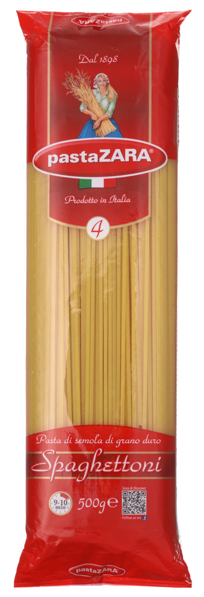 Pasta Zara Спагетти спагеттони макароны, 500 г8004350130044 Pasta Zara Спагетти спагеттони макароны, 500 г8004350130044Спагеттони Pasta Zara 004 сочетают в себе современность технологий производства и традиционное итальянское качество. Эти изделия подходят для приготовления множества ваших любимых блюд, а вкусовые качества неизменно порадуют даже самого придирчивого гурмана! В состав входят твердые сорта пшеницы, благодаря чему при приготовлении макароны не развариваются и сохраняют свою форму.