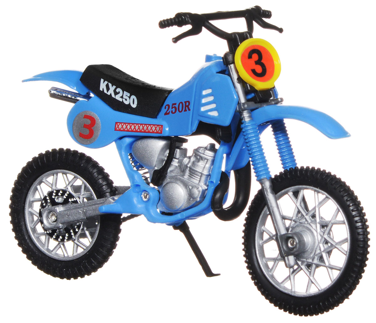 Dickie Toys Кроссовый мотоцикл № 3 цвет голубой3385773_голубой №3 Dickie Toys Кроссовый мотоцикл № 3 цвет голубой3385773_голубой №3Кроссовый мотоцикл Dickie Toys №3 непременно понравится любому маленькому гонщику. Мотоцикл выполнен из прочного безопасного пластика, его колесики прорезинены для лучшего сцепления с поверхностью пола. Мотоцикл оснащен откидывающейся боковой ножкой и оформлен красочными стикерами. Яркий, реалистичный мотоцикл, выполненный с вниманием к деталям, станет отличным дополнением к автопарку вашего малыша! Ваш ребенок часами будет играть с такой игрушкой, придумывая различные истории и устраивая соревнования. Порадуйте его таким замечательным подарком!
