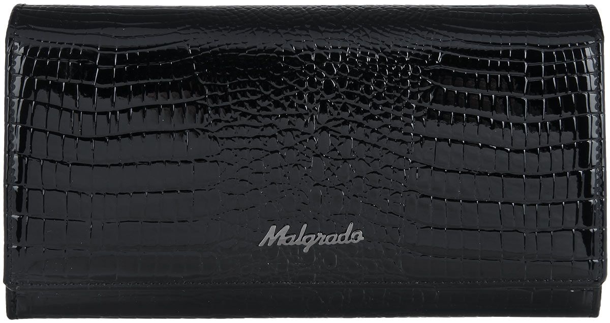 Кошелек женский Malgrado, цвет: черный. 64007-4664007-46 Black Кошелек женский Malgrado, цвет: черный. 64007-4664007-46 BlackСтильный женский кошелек Malgrado выполнен из натуральной лакированной кожи с тиснением под рептилию и оформлен металлической фурнитурой с символикой бренда. Изделие закрывается клапаном на кнопку и содержит одно основное отделение. Внутри расположены четыре отделения для купюр, одно из которых закрывается клапаном на кнопку, отделение для монет, закрывающееся на рамочный замок, два накладных кармана, четыре кармана для пластиковых карт, карман с прозрачной вставкой из пластика. Изделие поставляется в фирменной упаковке. Кошелек Malgrado станет отличным подарком для человека, ценящего качественные и практичные вещи.