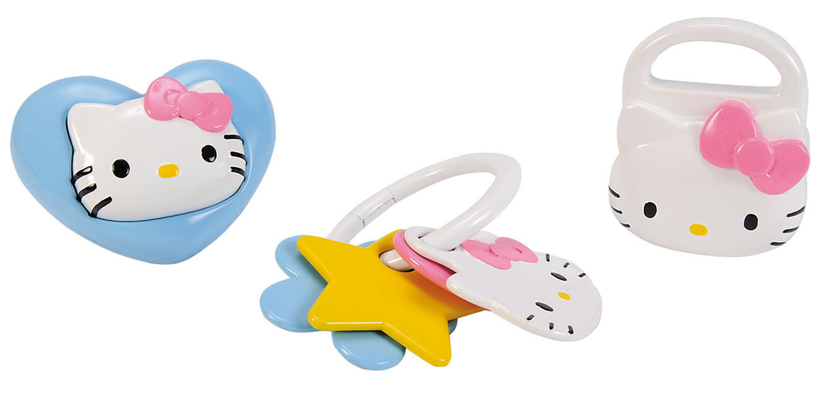 Simba Набор погремушек Hello Kitty 3 шт4014856 Simba Набор погремушек Hello Kitty 3 шт4014856Набор погремушек Hello Kitty включает в себя три погремушки разной формы, выполненные из яркого пластика. Гремящие шарики внутри белой игрушки в виде сумочки играют роль погремушки. Игрушка в виде сердечка дополнена мордочкой Китти, которую можно вдавливать внутрь. Третья игрушка представляет собой кольцо с нанизанными на него элементами разной формы и размера. Игра с погремушкой поможет малышу развить слуховое и цветовое восприятия, мелкую моторику рук и концентрацию внимания, а также стимулирует взаимодействие между органами осязания, слухом и зрением и учит различать формы.