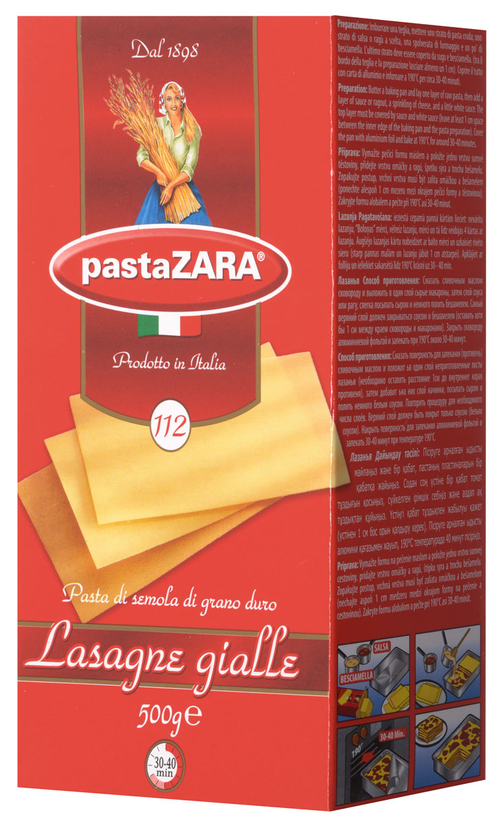 Pasta Zara Лазанья макароны, 500 г8004350241126 Pasta Zara Лазанья макароны, 500 г8004350241126Макароны Pasta Zara 112 сочетают в себе современность технологий производства и традиционное итальянское качество. Макаронные изделия Pasta Zara - одна из самых популярных марок итальянских макаронных изделий в России. Макароны Pasta Zaraвыпускаются в Италии с 1898 года семьёй Браганьоло уже в течение четырёх поколений. Это семейный бизнес, который вкладывает более, чем вековой опыт работы с макаронными изделиями в создание и продвижение своего продукта, тщательно отслеживая сохранение традиций.