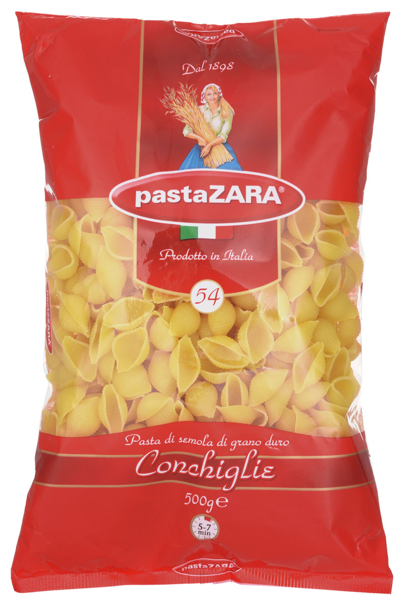Pasta Zara Ракушка макароны, 500 г8004350130549 Pasta Zara Ракушка макароны, 500 г8004350130549Макароны-ракушки Pasta Zara 054 сочетают в себе современность технологий производства и традиционное итальянское качество.Они подходят для приготовления десятков ваших любимых блюд, а благодаря твердым сортам пшеницы не развариваются и не теряют форму. Их вкусовые качества не оставят равнодушным ни одного гурмана!