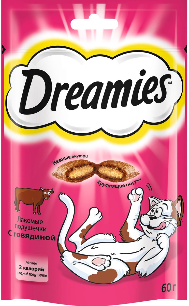 Лакомство для взрослых кошек Dreamies, подушечки с говядиной, 60 г36934 Лакомство для взрослых кошек Dreamies, подушечки с говядиной, 60 г36934Лакомство Dreamies - это сказочное лакомство, выполненное в виде хрустящих подушечек с вкусной начинкой, является добавкой к ежедневному рациону кошки. Обогащено витаминами и минералами. Незабываемая нежная говядина в хрустящей вкусной подушечке - это достойная награда вашему любимому зверю. Состав: белковые растительные экстракты, злаки, мясо и субпродукты (включая 4% говядины), масло и жиры, витамины и минеральные вещества. Пищевая ценность в 100 г: белки - 34 г, жиры - 20 г, зола - 9,5 г, клетчатка - 1 г, влага - 10 г, витамин А - 530,5 МЕ, витамин Е - 8,8 мг, витамин В1 - 1,5 мг, витамин В2 - 0,7 мг, витамин В6 - 0,6 мг, витамин D3 - 58,5 МЕ, пентагидрат сульфата меди - 2,3 мг, моногидрат сульфата марганца- 4,5 мг, йодид калия - 0,2 мг, моногидрат сульфата цинка - 19,9 мг. Вес: 60 г. Энергетическая ценность в 100 г: 386 ккал. Товар сертифицирован.