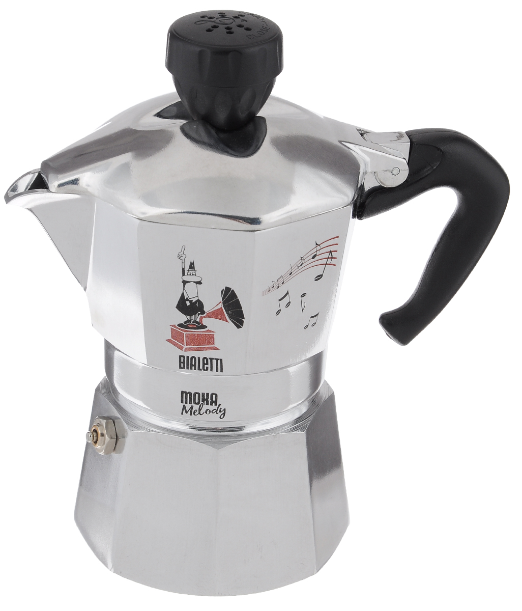 Кофеварка гейзерная Bialetti Moka Melody, на 3 чашки4202 Кофеварка гейзерная Bialetti Moka Melody, на 3 чашки4202Компактная гейзерная кофеварка Bialetti Moka Melody изготовлена из высококачественного алюминия. Объема кофе хватает на 3 чашки. Изделие оснащено удобной ручкой из пластика. Динамик в верхней части крышки сообщит веселой мелодией об окончании процесса варки. Принцип работы такой гейзерной кофеварки - кофе заваривается путем многократного прохождения горячей воды или пара через слой молотого кофе. Удобство кофеварки в том, что вся кофейная гуща остается во внутренней емкости. Гейзерные кофеварки пользуются большой популярностью благодаря изысканному аромату. Кофе получается крепкий и насыщенный. Теперь и дома вы сможете насладиться великолепным эспрессо. Подходит для газовых, электрических и стеклокерамических плит. Нельзя мыть в посудомоечной машине. Высота (с учетом крышки): 17,5 см.