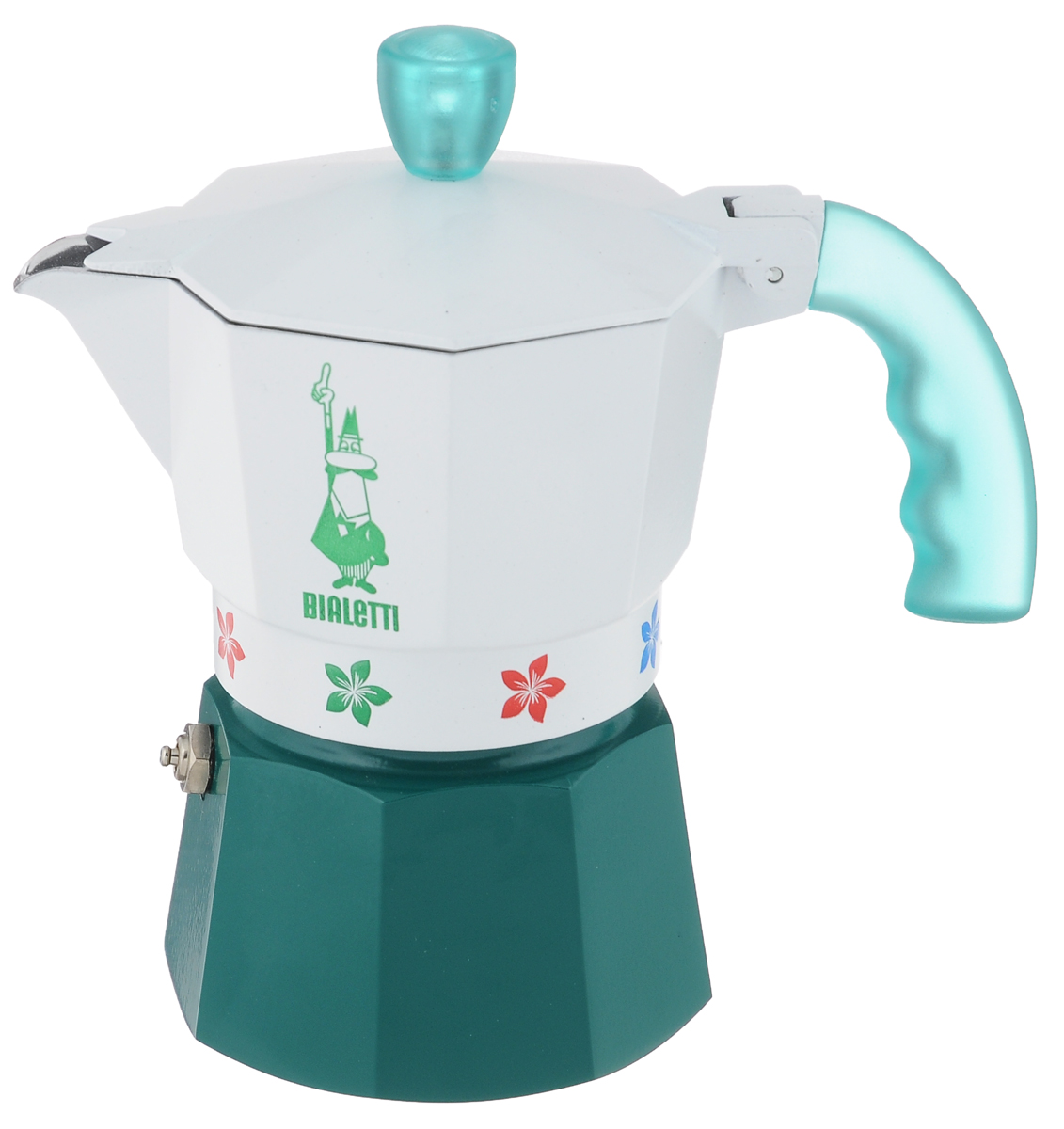Кофеварка гейзерная Bialetti Moka Fiori Caldaia Verde, цвет: белый, зеленый, на 3 чашки4472 Кофеварка гейзерная Bialetti Moka Fiori Caldaia Verde, цвет: белый, зеленый, на 3 чашки4472Компактная гейзерная кофеварка Bialetti Moka Fiori Caldaia Verde изготовлена из высококачественного алюминия и стали. Объема кофе хватает на 3 чашки. Изделие оснащено удобной пластиковой ручкой. Принцип работы такой гейзерной кофеварки - кофе заваривается путем многократного прохождения горячей воды или пара через слой молотого кофе. Удобство кофеварки в том, что вся кофейная гуща остается во внутренней емкости. Гейзерные кофеварки пользуются большой популярностью благодаря изысканному аромату. Кофе получается крепкий и насыщенный. Теперь и дома вы сможете насладиться великолепным эспрессо. Подходит для газовых, электрических и стеклокерамических плит. Нельзя мыть в посудомоечной машине. Высота (с учетом крышки): 16 см.