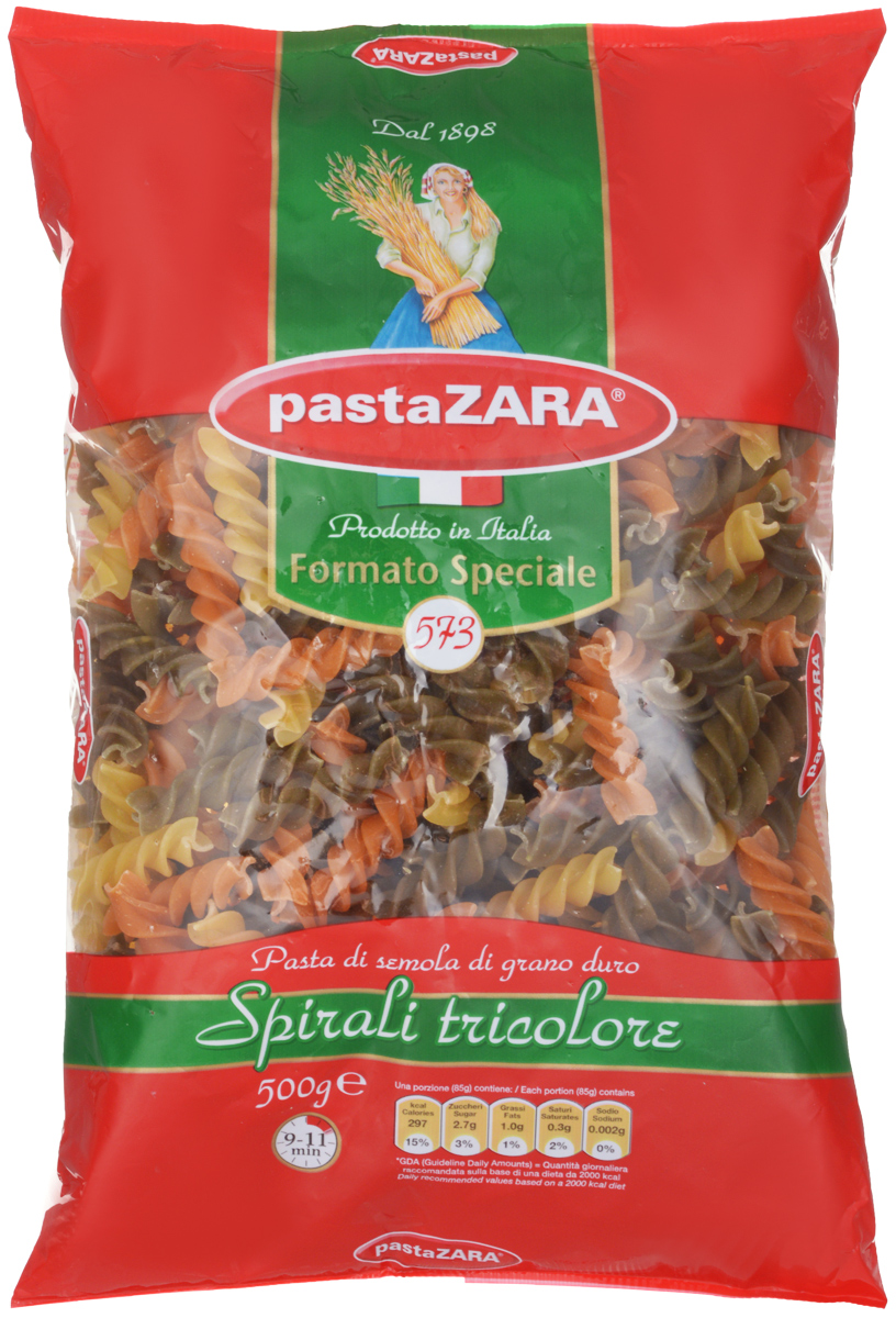 Pasta Zara Спираль трехцветная макароны, 500 г8004350030573 Pasta Zara Спираль трехцветная макароны, 500 г8004350030573Макароны Pasta Zara 573 с томатами и шпинатом сочетают в себе современность технологий производства и традиционное итальянское качество. Макаронные изделия Pasta Zara - одна из самых популярных марок итальянских макаронных изделий в России. Макароны Pasta Zaraвыпускаются в Италии с 1898 года семьёй Браганьоло уже в течение четырёх поколений. Это семейный бизнес, который вкладывает более, чем вековой опыт работы с макаронными изделиями в создание и продвижение своего продукта, тщательно отслеживая сохранение традиций.