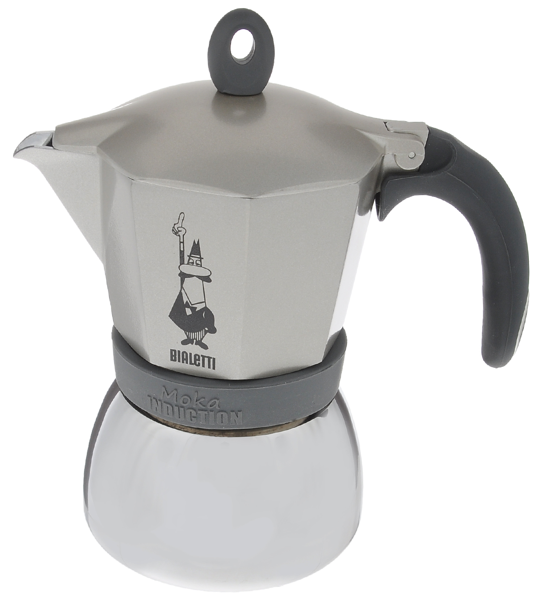 Кофеварка гейзерная Bialetti Moka Induction, цвет: серый, на 6 чашек4833 Кофеварка гейзерная Bialetti Moka Induction, цвет: серый, на 6 чашек4833Компактная гейзерная кофеварка Bialetti Moka Induction изготовлена из высококачественного алюминия и стали. Объема кофе хватает на 6 чашек. Изделие оснащено удобной обрезиненной ручкой. Принцип работы такой гейзерной кофеварки - кофе заваривается путем многократного прохождения горячей воды или пара через слой молотого кофе. Удобство кофеварки в том, что вся кофейная гуща остается во внутренней емкости. Гейзерные кофеварки пользуются большой популярностью благодаря изысканному аромату. Кофе получается крепкий и насыщенный. Теперь и дома вы сможете насладиться великолепным эспрессо. Подходит для газовых, электрических, стеклокерамических и индукционных плит. Нельзя мыть в посудомоечной машине. Высота (с учетом крышки): 20 см.