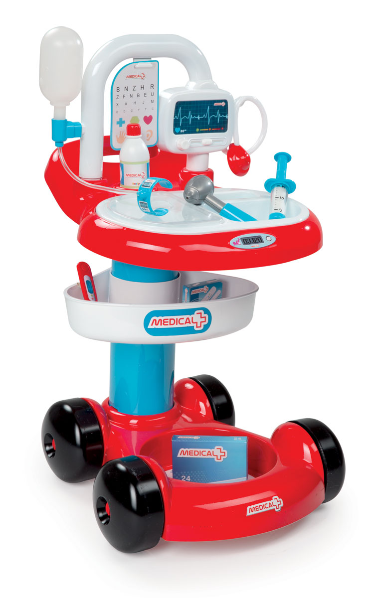 Smoby Игровой набор Тележка доктора цвет красный белый24422 Smoby Игровой набор Тележка доктора цвет красный белый24422Игровой набор Smoby Тележка доктора привлечет внимание юного доктора и позволит ему вылечить все свои игрушки. Тележка на колесиках легко перемещается. Докторская тележка включает в себя набор всех необходимых аксессуаров для маленького врача, которые создадут увлекательную атмосферу игры. В комплект входят упаковка таблеток, пластыри, молоточек, шприц, градусник, медицинская таблица, баночка с пилюлями. С этим замечательным набором ребенок сможет почувствовать себя настоящим специалистом. Теперь все игрушки будут совершенно здоровы!