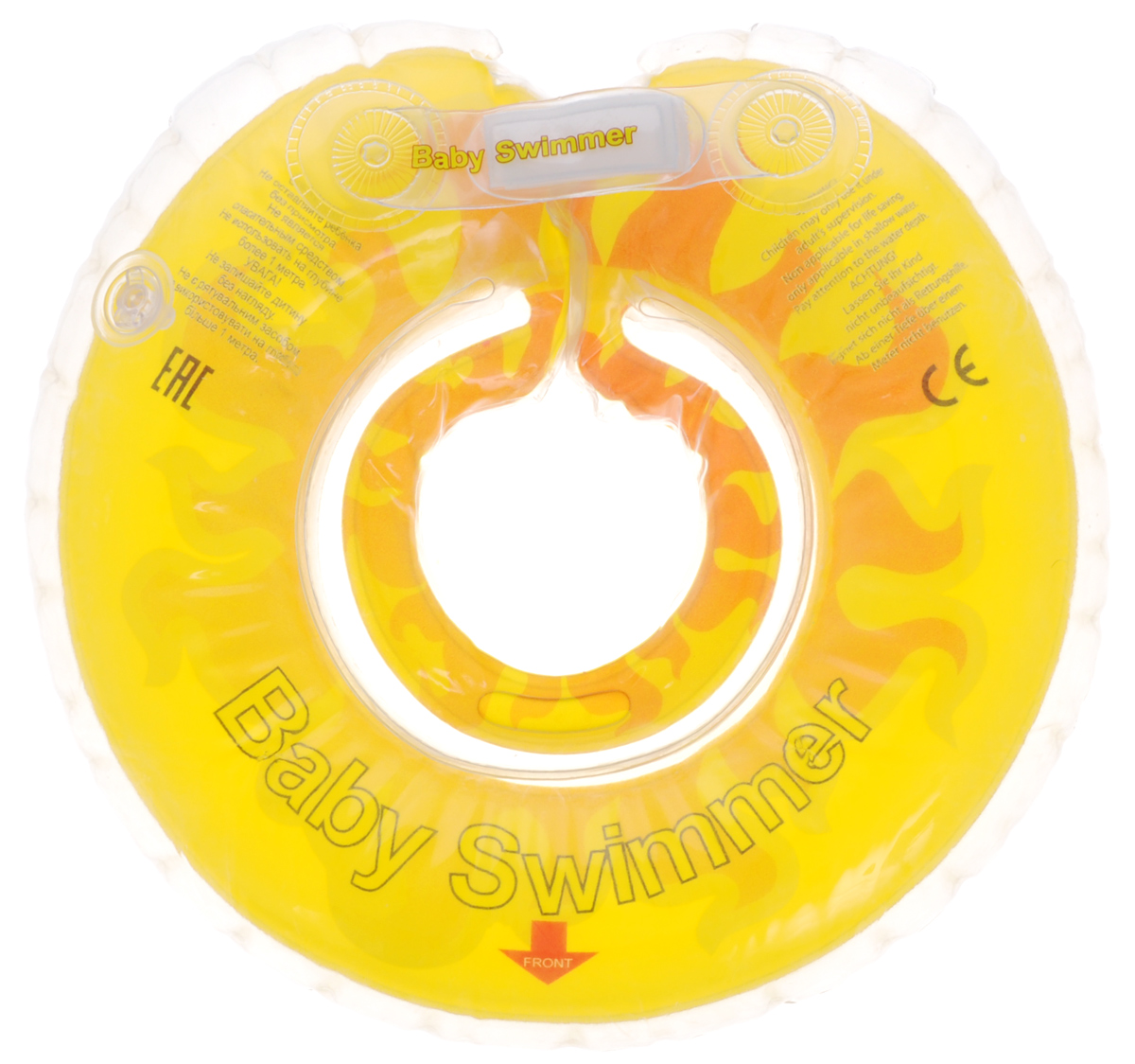 Baby Swimmer Круг на шею Солнышко 6-36 кгBS12Y_солнышко Baby Swimmer Круг на шею Солнышко 6-36 кгBS12Y_солнышкоКруг на шею Baby Swimmer предназначен для купания малышей с рождения в домашних условиях или на открытом воздухе на глубине не более 1 метра. Надетый на шею ребенка круг не доставляет малышу никакого дискомфорта ввиду применения технологии внутреннего шва, который делает края мягкими на ощупь. На внутренней стороне круга имеется вставка для подбородка ребенка, которая надежно фиксирует его положение и препятствует соскальзыванию. Двусторонняя липкая застежка сверху и снизу круга обеспечивает повышенную безопасность и позволяет регулировать внутренний размер круга, что делает возможность получить комфортное прилегание к шее ребенка. А благодаря двум раздельным контурам, надувающимся отдельно, создается дополнительная безопасность во время купания ребенка. Круг Baby Swimmer является отличным помощником для родителей и большой радостью для детей, так как дает им возможность полной свободы действия в воде! Круг на шею изготовлен из высококачественных материалов,...