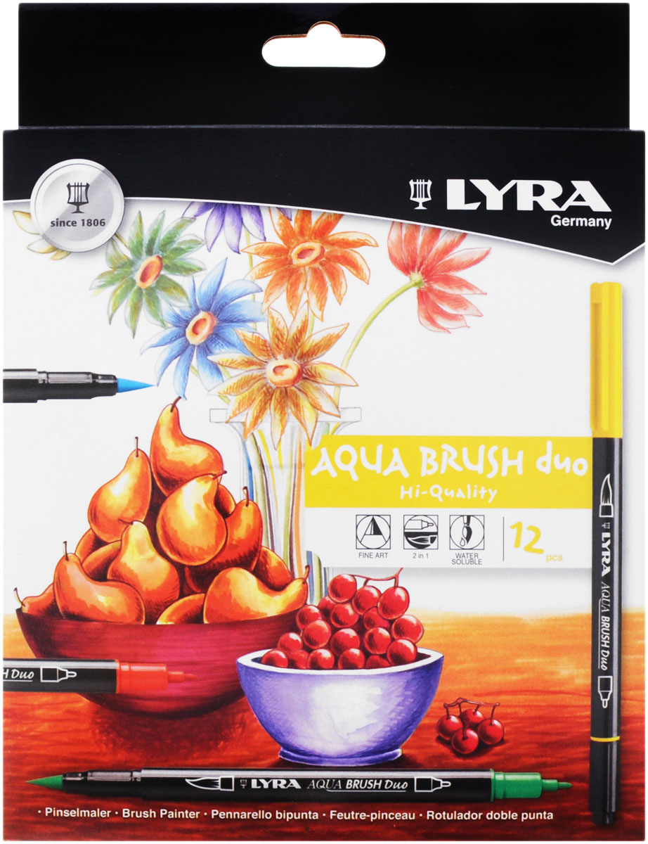Lyra Набор цветных фломастеров Aqua Brush Duo 12 штL6521120_12 цветов Lyra Набор цветных фломастеров Aqua Brush Duo 12 штL6521120_12 цветовНабор цветных фломастеров Lyra Aqua Brush Duo - это красивое и приятное приобретение для любого художника и дизайнера. Фломастеры двойного назначения: с одной стороны наконечник с эффектом кисточки, с другой стороны фломастер имеет традиционный округленный наконечник. Удивительные свойства наконечника позволяют не только проводить очень четкие линии, но и художественно оттенять большие участки рисунка. Фломастеры Aqua Brush Duo содержат чернила на водной основе, безопасны, светостойки. Очень яркие, чистые цвета. В наборе представлены 12 цветных фломастеров.
