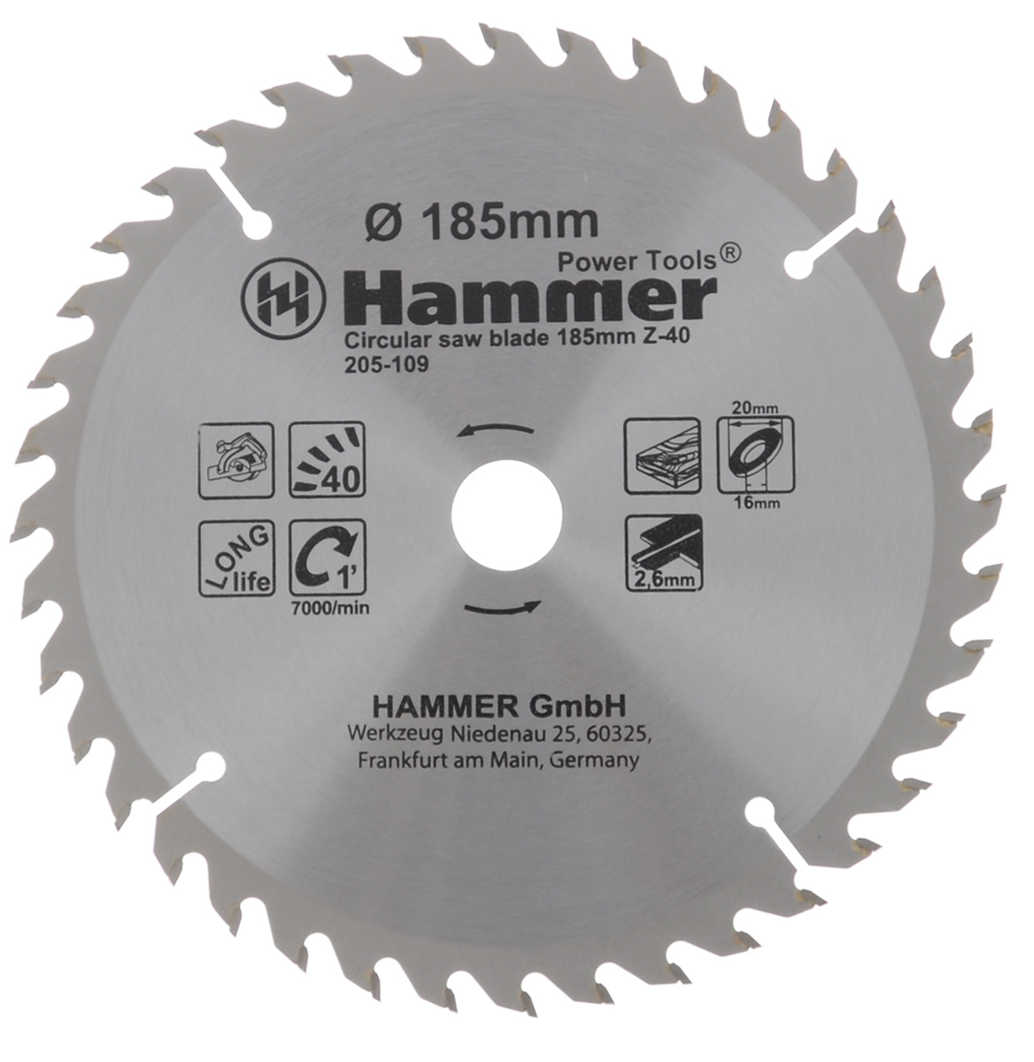 Диск пильный Hammer, по дереву, 185 мм х 40 х 20/16 мм WD30659 Диск пильный Hammer, по дереву, 185 мм х 40 х 20/16 мм WD30659Диск для циркулярной пилы по дереву Hammer изготовлен из холоднокатаной стали, что обеспечивает инструменту отсутствие дисбаланса и высокую стойкость к нагрузкам. Предназначен для циркулярных пил. Дополнительная шлифовка тела диска предоставляет качественный ровный рез. Применение ТВС режущих зубьев из сплава YG8 (ВК8) обеспечивает диску высокую режущую способность и износоустойчивость. Твердосплавные карбидвольфрамовые пластины YG8 (ВК8), автоматическая шлифовка и заточка каждого зуба алмазным кругом позволяют сохранять неизменную геометрию реза и минимизировать сколы. Количество зубьев: 40. Максимальные обороты: 7000 оборотов/мин.