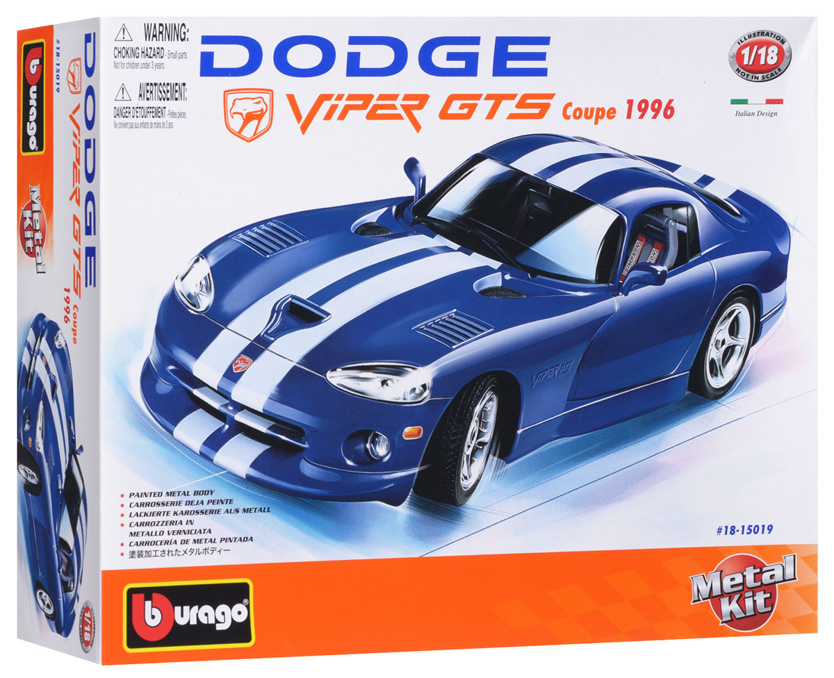 Bburago Сборная модель автомобиля Dodge Viper GTS Coupe 199618-15019_синий Bburago Сборная модель автомобиля Dodge Viper GTS Coupe 199618-15019_синийСтильная коллекционная модель автомобиля Bburago Dodge Viper GTS Coupe 1996 привлечет к себе внимание не только детей, но и взрослых. Модель представлена в масштабе 1:18 и в точности воспроизводит все детали внешнего облика реального автомобиля Dodge Viper GTS Coupe 1996 года. Корпус автомобиля выполнен из металла с использованием пластиковых элементов, колеса - из резины. Машинка оборудована открывающимися дверцами и подвижной рулевой системой и колесами. В комплекте: элементы для сборки модели, наклейки и схематичная инструкция по сборке. Модель собирается без использования клея.