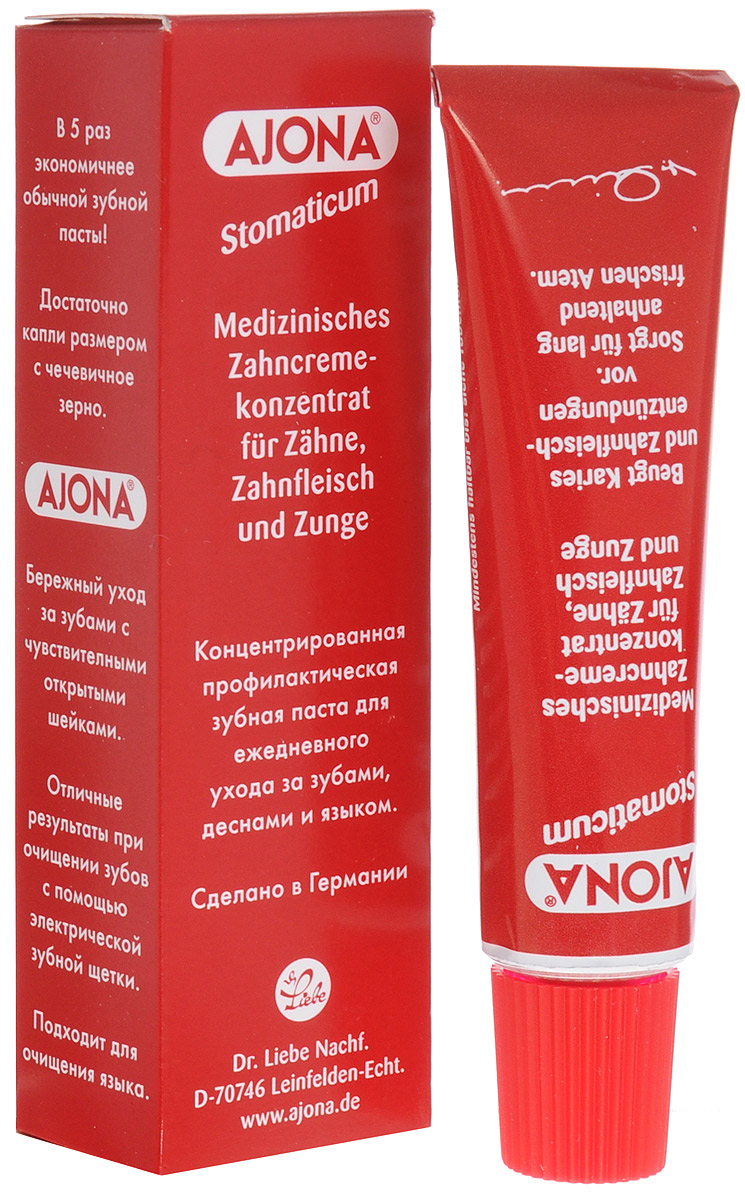 Ajona Зубная паста Stomaticum 25 мл9 Ajona Зубная паста Stomaticum 25 мл9Зубная паста Ajona Stomaticum - это универсальная лечебно-профилактическая концентрированная зубная паста для ежедневного ухода за зубами, деснами и языком. Все часто возникающие проблемы с зубами и деснами вызываются вредными бактериями. Эти бактерии выделяют продукты обмена веществ, которые разрушают ткань зуба, вызывают раздражение и воспаление десен, неприятный запах. Благодаря особой высококачественной рецептуре и содержанию большого количества природных компонентов Ajona оказывает антибактериальное воздействие и уже через 10 секунд устраняет более 99% бактерий. Таким образом, Ajona устраняет многие проблемы еще до их возникновения. Оптимизируется естественная микрофлора полости рта, стабилизируется равновесие, активизируются иммунные способности. Природные противовоспалительные биологически активные вещества - бисаболол (целебное средство из ромашки) и эфирные масла, смягчают уже имеющиеся воспаления десны, постепенно снимают это воспаление и способствуют восстановлению...