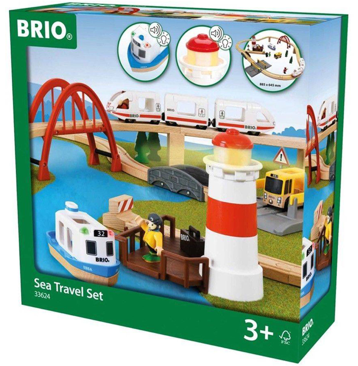 Brio Железная дорога Поездка к морю33624 Brio Железная дорога Поездка к морю33624Вашему ребенку обязательно понравится железная дорога Brio Поездка к морю. Железная дорога расположена вблизи порта, откуда отходит паром. Игрушечным человечкам предстоит целое путешествие! Поезд движется по большому арочному мосту, пересекает автомобильную дорогу, маленький каменный мост, мимо маяка, сигналящего кораблям, и прибывает в порт. На крыше маяка и парома есть кнопки, включающие световые и звуковые эффекты. В комплект входит: 2 локомотива, 1 вагон, автобус, 3 фигурки, 2 моста, маяк, причал, переезд, чемодан, дорожный знак, спасательный круг, 2 дерева, элементы железнодорожного полотна. Соединяются локомотивы с вагоном с помощью магнитов. Набор совместим со всеми железными дорогами и паровозиками Brio. Размер железной дороги в сборе - 88,5 см х 64,5 см. Для работы игрушки необходимы 4 батарейки типа LR44, по 2 батарейки на маяк и паром (товар комплектуется демонстрационными).