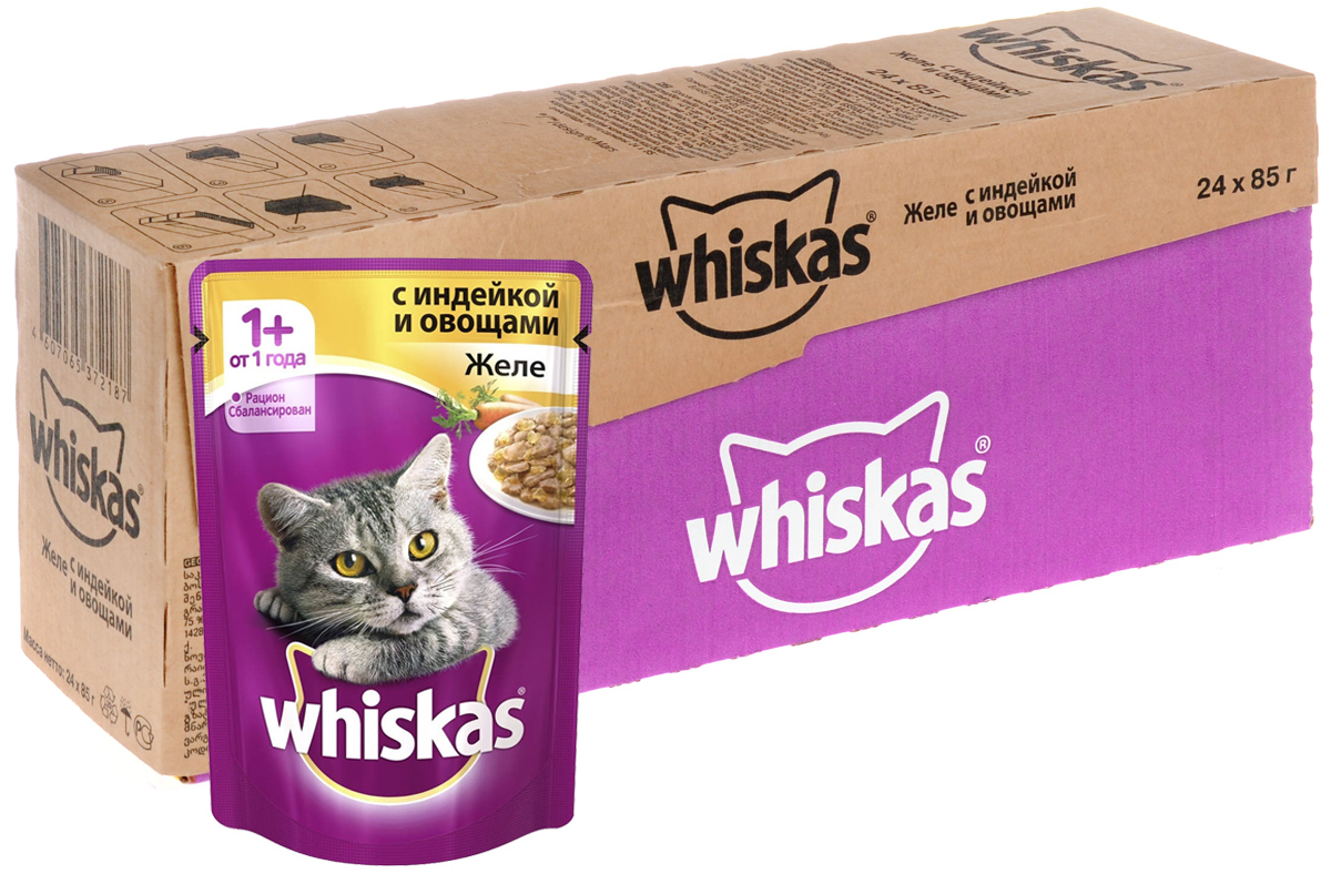 Консервы Whiskas для кошек от 1 года, желе с индейкой и овощами, 85 г х 24 шт39892 Консервы Whiskas для кошек от 1 года, желе с индейкой и овощами, 85 г х 24 шт39892Консервы Whiskas - это корм, рекомендованный взрослым кошкам. Чтобы ваша кошка получала полноценный рацион, предложите ей вкусный мясной обед! В его состав входят все питательные вещества, витамины и минералы, необходимые для сбалансированного питания вашей кошки каждый день. Не содержит сои, консервантов, ароматизаторов, искусственных красителей, усилителей вкуса. В рацион домашнего любимца нужно обязательно включать консервированный корм, ведь его главные достоинства - высокая калорийность и питательная ценность. Консервы лучше усваиваются, чем сухие корма. Также важно, чтобы животные, имеющие в рационе консервированный корм, получали больше влаги. Состав: мясо и субпродукты минимум 40% (в том числе индейка мин. 4%), таурин, витамины,минеральные вещества. Пищевая ценность (100 г.): белки - 8 г, жиры - 4,5 г, клетчатка - 0,3 г, зола - 2 г, витамин А - не менее 70 МЕ, витамин Е - не менее 0,8 мг, витамин D - не менее 5 МЕ, влага - 82 г. В упаковке 24...