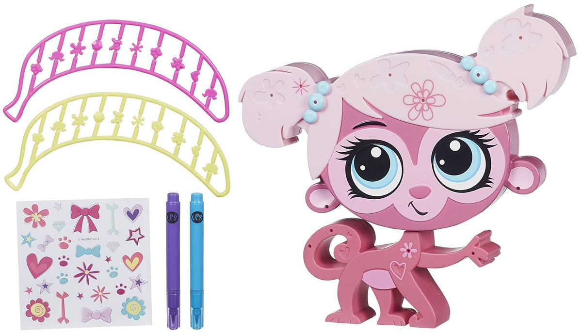 Littlest Pet Shop Игровой набор Укрась зверюшку, цвет: розовыйB0033_B0095 Littlest Pet Shop Игровой набор Укрась зверюшку, цвет: розовыйB0033_B0095Игровой набор Littlest Pet Shop Укрась зверюшку не оставит равнодушной вашу малышку! Набор включает в себя фигурку-шкатулку в виду очаровательной обезьянки с большими глазками, 2 маркера фиолетового и голубого цветов, а также множество наклеек и декоративных элементов. Ваша малышка сможет проявить свою фантазию и украсить милую обезьянку при помощи входящих в набор аксессуаров, а после завершения работы все оставшиеся элементы можно убрать в потайное отделение на задней стороне фигурки. Играя с этим набором, ваша малышка не только прекрасно проведет время, но и сможет развить фантазию, художественный вкус, творческое мышление и мелкую моторику. Порадуйте ее таким замечательным подарком!