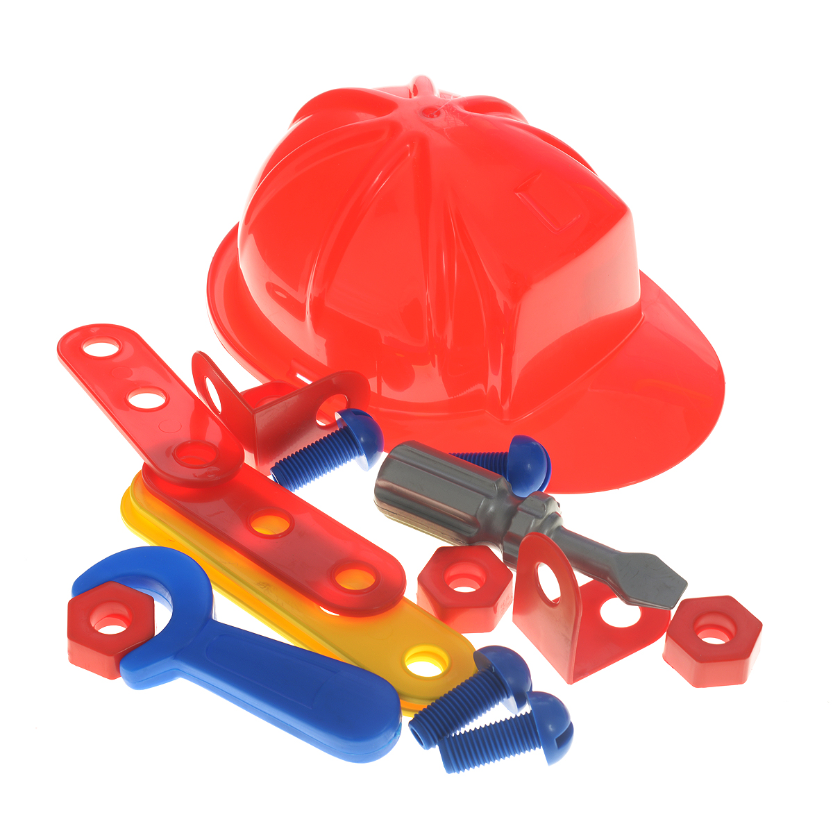 Palau Toys Игровой набор Super Work 17 предметов07/1325 Palau Toys Игровой набор Super Work 17 предметов07/1325Игровой набор Palau Toys Super Work обязательно привлечет внимание вашего малыша. Набор включает в себя планки с отверстиями (2 коротких, 2 длинных), 2 угловых элемента, 4 гайки, 4 болта, отвертку и гаечный ключ, а также строительную каску для маленького работника. Все элементы набора имеют увеличенные размеры специально для маленьких пальчиков малыша. Ребенку не составит труда собирать и разбирать разнообразные поделки. Такой набор можно брать с собой на прогулку, ведь все инструменты аккуратно размещены в небольшом, но вместительном чемоданчике с удобной ручкой для переноски. Ваш малыш почувствует себя настоящим строителем! С таким набором ваш ребенок весело проведет время, играя на детской площадке или в песочнице. Процесс сборки поделок поможет малышу развить мелкую моторику пальчиков, внимательность и усидчивость. Порадуйте своего малыша таким чудесным подарком!