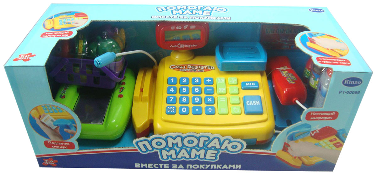 Rinzo Игровой набор Касса: Помогаю маме с аксессуарамиPT-00066(34368) Rinzo Игровой набор Касса: Помогаю маме с аксессуарамиPT-00066(34368)Игровой набор Касса: Помогаю маме со световыми и звуковыми эффектами позволит малышу напрямую соприкоснуться с миром торгово-потребительских отношений. Набор включает в себя кассовый аппарат с весами и микрофоном, продукты питания, корзину, кредитную карту и деньги. Уникальный кассовый аппарат совсем как настоящий: он оснащен сканером штрих-кодов товара, терминалом для работы с кредитной картой, кнопками с цифрами, ключом и отсеком для хранения денег. Также этот кассовый аппарат можно использовать в качестве калькулятора. С помощью этого набора ваш ребенок сможет научиться считать, правильно вести себя в магазине и делать покупки. Порадуйте его таким замечательным подарком!