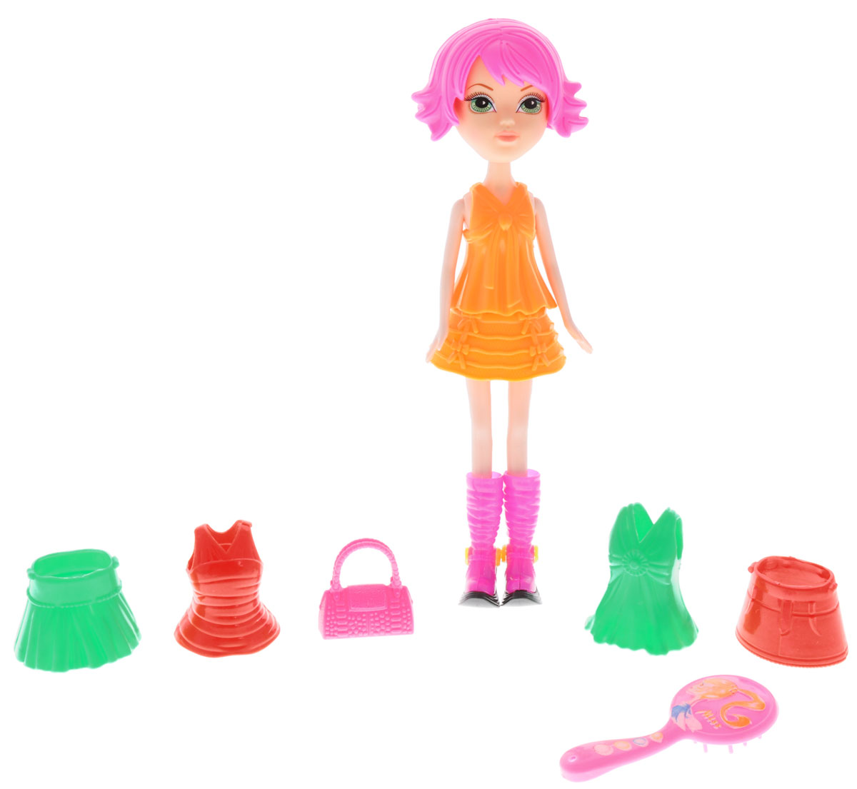 1TOY Кукла Красотка Фэшн с одеждой цвет платья оранжевыйТ57128 1TOY Кукла Красотка Фэшн с одеждой цвет платья оранжевыйТ57128Новая серия Красотка Фэшн - это оригинальные наборы кукол с одеждой и аксессуарами в стиле гламур. Кукла изготовлена из пластика, ее голова, ручки и ножки подвижны, что позволяет придавать ей разнообразные позы. Куколка одета в пластиковый оранжевый комплект с юбкой, но легко может сменить его на зеленый или красный. В наборе с Красоткой имеются розовая сумочка, расческа и оригинальные розовые сапоги на высоких каблуках. Благодаря играм с куклой ваша малышка сможет развить фантазию и любознательность, овладеть навыками общения и научиться ответственности, а дополнительные аксессуары сделают игру еще увлекательнее. Порадуйте свою принцессу таким прекрасным подарком!