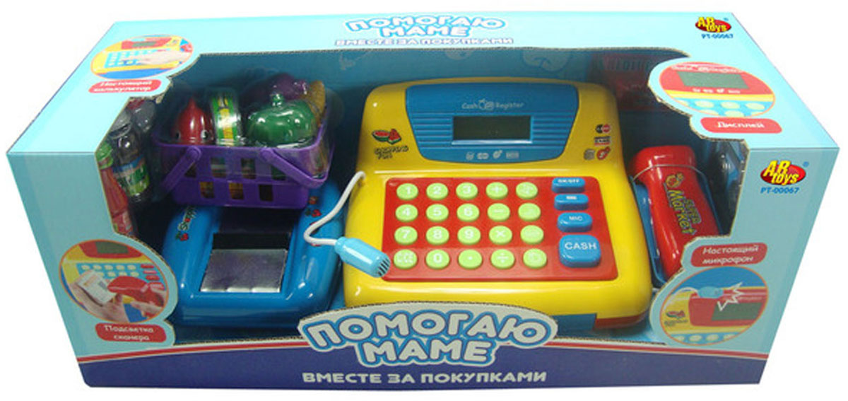ABtoys Игровой набор Помогаю маме: Вместе за покупкамиPT-00067(34369) ABtoys Игровой набор Помогаю маме: Вместе за покупкамиPT-00067(34369)Игровой набор AB toys Помогаю маме: Вместе за покупками со световыми и звуковыми эффектами позволит малышу напрямую соприкоснуться с миром торгово-потребительских отношений. Набор включает в себя кассовый аппарат с микрофоном, корзинку с продуктами питания (рыбой, кукурузой, перцем, баклажаном, коробочкой специй и банкой рыбных консервов), бутылки кетчупа, молока и воды, кредитную карту, бумажные деньги и монетки. Уникальный кассовый аппарат совсем как настоящий: он оснащен сканером штрих-кодов товара и лентой, по которой едут продукты, терминалом для работы с кредитной картой, кнопками с цифрами, отсеком для хранения денег. Также этот кассовый аппарат можно использовать в качестве калькулятора. С помощью этого набора ваш ребенок сможет научиться считать, правильно вести себя в магазине и делать покупки. Порадуйте его таким замечательным подарком! Необходимо докупить 3 батарейки напряжением 1,5V типа АА (не входят в комплект).