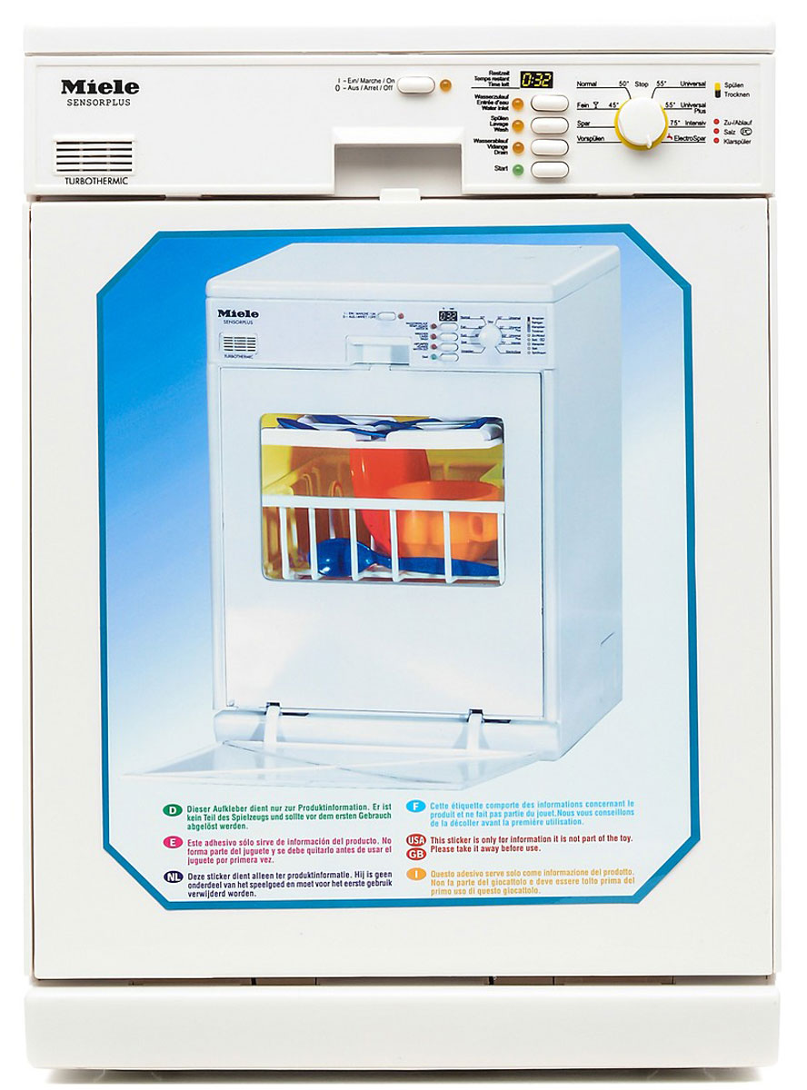 Klein Игрушечная посудомоечная машина Miele6920 Klein Игрушечная посудомоечная машина Miele6920Копия посудомоечной машины MIELE с различными функциями: - При нажатии кнопки ON загорается лампочка-индикатор - кнопки отдельных программ запускают процессы : залив воды, мойка, слив - каждый этап длится около 15 секунд и имеет свой характерный звук. - при нажатии кнопки Start автоматически включается полный цикл всех программ последовательно - заполнение водой производится через клапан на верхней крышке машины, помещается около 0,15 литров. Уровень можно контролировать через окошко на правой стороне внизу. Слив производится через шланг на задней стенке машины. - Комплект посуды в наборе.