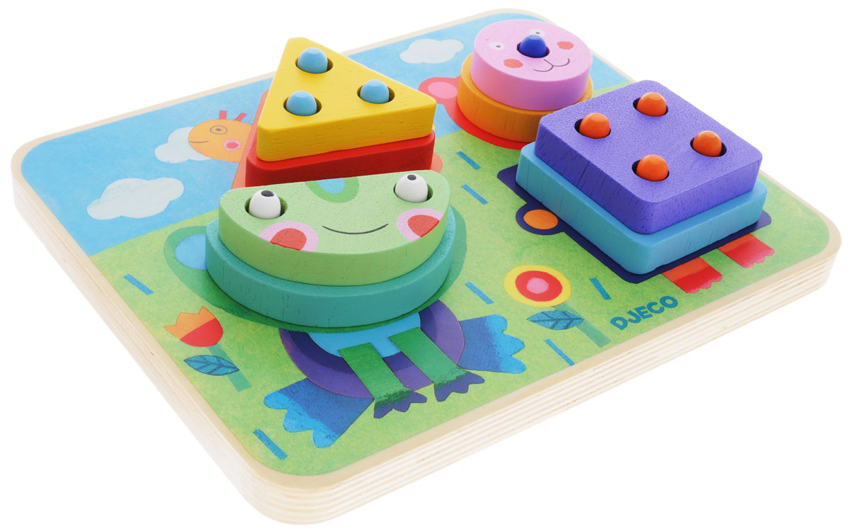 Djeco Игрушка-сортер Кикуплок06424 Djeco Игрушка-сортер Кикуплок06424Игрушка-сортер Djeco Кикуплок выполнена из безопасного материала в виде прямоугольного основания и 8 элементов в виде геометрических фигур. Принцип сортера прост и направлен на развитие логического мышления: на деревянной доске нарисована картинка с тремя забавными персонажами - медвежонком, стрекозой и лягушкой, у каждого животного есть определенное количество штырьков, на которые насаживаются детали. Малышам предстоит надеть все геометрические фигуры на персонажей в соответствии с числом дырочек. Игрушка-сортер Djeco Кикуплок поможет малышу в развитии цветового восприятия, мелкой моторики рук, координации движений и пространственного мышления.
