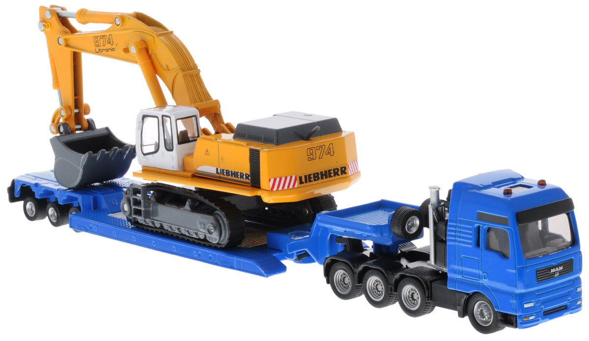Siku Тягач MAN TG-A с экскаватором Liebherr 9741847 Siku Тягач MAN TG-A с экскаватором Liebherr 9741847Тягач с экскаватором Siku, выполненный из прочного безопасного материала, отлично подойдет ребенку для различных игр. Экскаватор является уменьшенной копией экскаватора Liebherr 974. У него подвижный ковш, подымается и опускается, кабина водителя и крутиться на 360°. Колесики тягача и гусеница экскаватора имеют свободный ход. Модели отличаются великолепным качеством исполнения и детальной проработкой, они станут интересной игрушкой для ребенка, интересующегося спецтехникой.