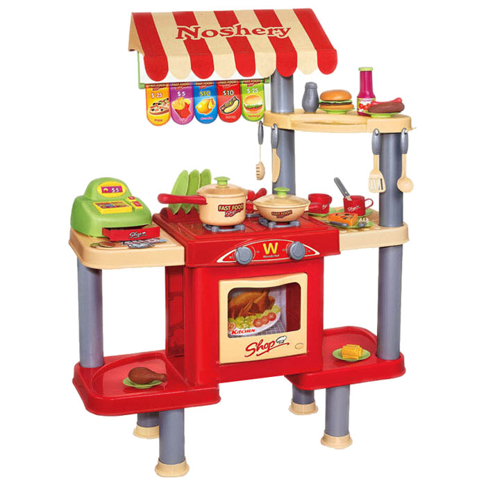 Shantou Gepai Игровой набор Кафе с кассой продуктами и посудой383-009 Shantou Gepai Игровой набор Кафе с кассой продуктами и посудой383-009Ростовой набор Кафе с кассой, продуктами и посудой станет замечательным подарком. Если к вам в дом нагрянут маленькие гости, им будет чем заняться! Ведь этот набор идеально подойдет для сюжетно-ролевой игры в кафе. Игрушка представляет собой конструкцию со столешницей, на которой расположена плита с духовкой, сборку приделаны полочки для посуды и продуктов, также стойка оборудована кассовым аппаратом. Повар готовит еду, кассир принимает оплату у покупателей и т.д. Игрушка со световыми и звуковыми эффектами, работает от батареек.