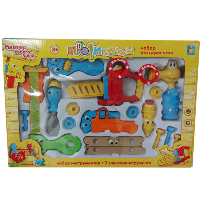 1TOY Набор из 17 инструментов Малыш-профиТ55992 1TOY Набор из 17 инструментов Малыш-профиТ55992Набор инструментов Малыш-профи созданы специально для малышей, чтобы они с самого детства умели пользоваться инструментами и знали, для чего нужен каждый из них. Инструменты-персонажи понравятся ребенку и станут его лучшими друзьями. Звуковые и световые эффекты добавят еще больше реалистичности инструментам маленького мастера на все руки, а 3 варианта позволят ему выбрать именно то, что ему нужно.