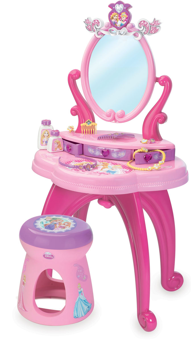 Smoby Студия красоты Принцессы Диснея со стульчиком24232 Smoby Студия красоты Принцессы Диснея со стульчиком24232Студия красоты Smoby Принцессы Диснея станет идеальным местом для вашей маленькой принцессы. Юная леди сможет любоваться в большое зеркало, которое меняет угол наклона. В данном салоне красоты продумано и предусмотрено все до мелочей: в специальных ящиках возможно хранение драгоценностей, тюбиков, флаконов. Верхнюю часть туалетного столика с полочкой и зеркалом можно снять и переставить на любую другую ровную поверхность. В комплекте со столиком имеется удобный стульчик, расчески, ободок для волос, колье, колечки, браслет и два маленьких флакончика. Набор выполнен из прочного ярко розового пластика - очень практичный и экологически чистый. Острые углы у столика и табурета отсутствуют для детской безопасности во время игры. Все предметы набора выполнены с символикой Disney Princess и оформлены красочными изображениями прекрасных принцесс. Порадуйте свою принцессу таким сказочным подарком!