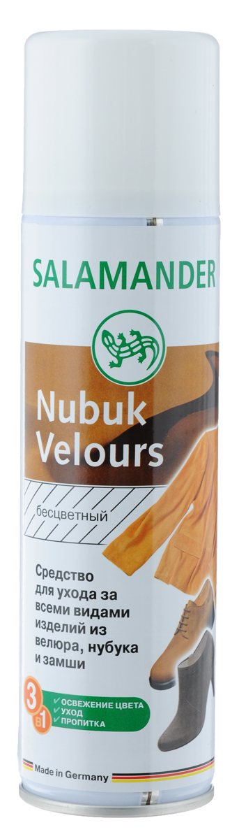 Средство Salamander Nubuk Velours для ухода за всеми видами изделий из велюра, нубука и замши, 250 мл - SALAMANDER - SALAMANDER665685 Средство Salamander Nubuk Velours для ухода за всеми видами изделий из велюра, нубука и замши, 250 мл - SALAMANDER - SALAMANDER665685Высококачественное средство Salamander Nubuk Velours подходит для ухода за всеми видами изделий из велюра, нубука и замши. Оно великолепно освежает цвет и ухаживает за изделиями. Пропитывает и защищает от влаги и глубоких загрязнений. Состав: более 30% алифатические углеводороды, изопропиловый спирт, фторкарбоновый полимер, силиконовое масло. Объем: 250 мл. Товар сертифицирован.