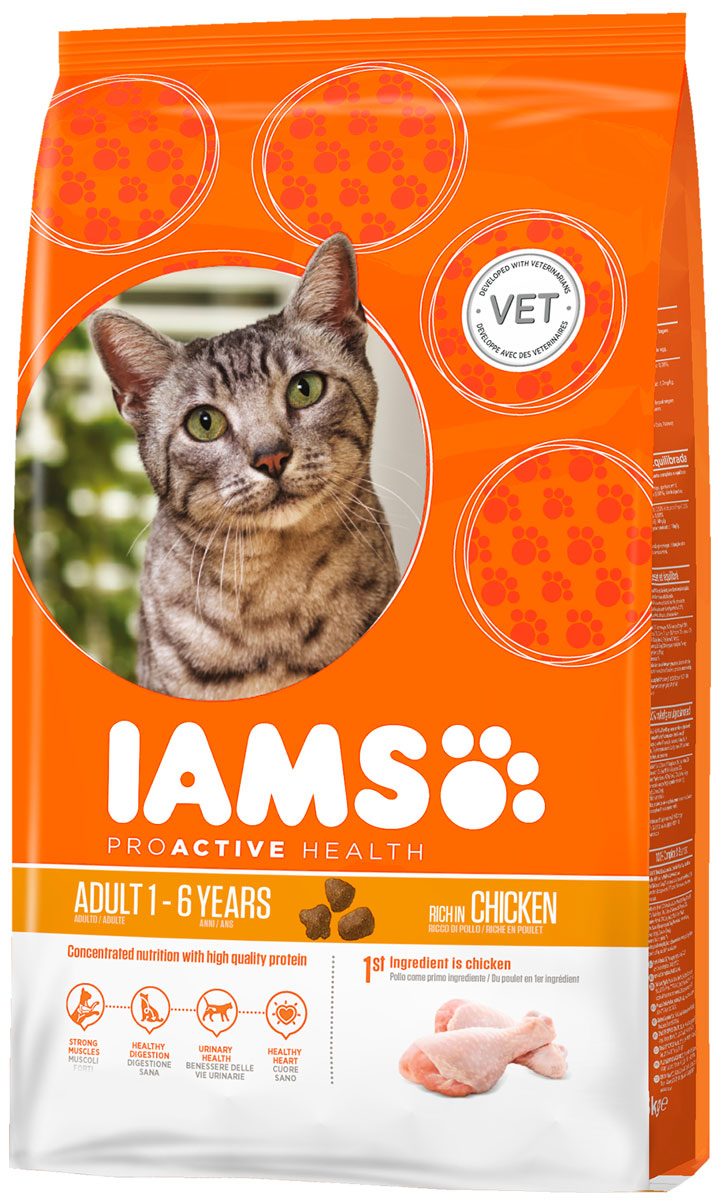 Корм сухой Iams Adult для взрослых кошек, с курицей, 1,5 кг81133113 Корм сухой Iams Adult для взрослых кошек, с курицей, 1,5 кг81133113Сухой корм Iams Adult является полноценным сбалансированным питанием для взрослых кошек возрастом от 1 до 7 лет с курицей. Не содержит искусственных красителей, консервантов и вкусовых добавок. Iams дает вашей кошке все необходимые питательные вещества для поддержания все 7 признаков здорового животного: - Хорошее пищеварение: особая смесь клетчатки, включая пребиотики и пульпу сахарной свеклы, поддерживает способность всасывания необходимых питательных веществ в пищеварительной системе вашей кошки. - Сильная иммунная система: корм обогащен антиоксидантами, которые способствуют поддержанию сильной иммунной системы. - Здоровые зубы: каждый раз при смыкании челюстей хрустящие гранулы корма очищают зубы вашей кошки, что уменьшает образование зубного камня, который может являться причиной зловонного дыхания. - Сильная мускулатура: высококачественный белок помогает поддерживать мышцы вашей кошки в тонусе. - Здоровая кожа и красивая шерсть: оптимальное...