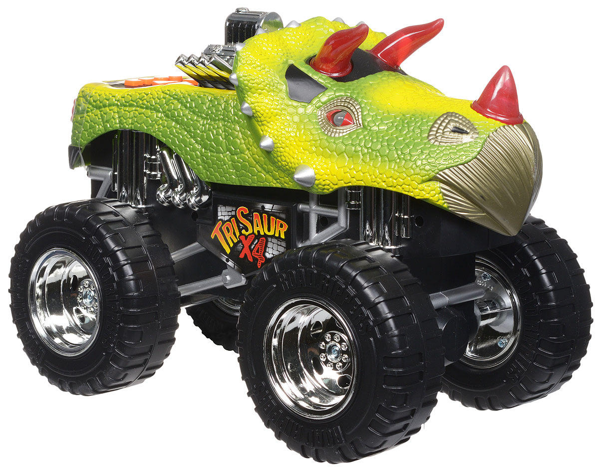Toystate Машинка TriSaur X433612TS_желтый, зеленый Toystate Машинка TriSaur X433612TS_желтый, зеленыйЯркая машинка Toystate TriSaur X4 со звуковыми и световыми эффектами, несомненно, понравится вашему ребенку и не позволит ему скучать. Игрушка выполнена в виде мощного джипа с кузовом-динозавром и огромными колесами. При нажатии на кнопки, расположенные в кузове, светятся бортовые огни автомобиля, воспроизводятся звуки двигателя, играет заводная музыка, машинка выполняет трюки. Машинка оснащена инерционным механизмом. Ваш ребенок часами будет играть с машинкой, придумывая различные истории и устраивая соревнования. Порадуйте его таким замечательным подарком! Для работы игрушки необходимы 4 батарейки типа АА (товар комплектуется демонстрационными).