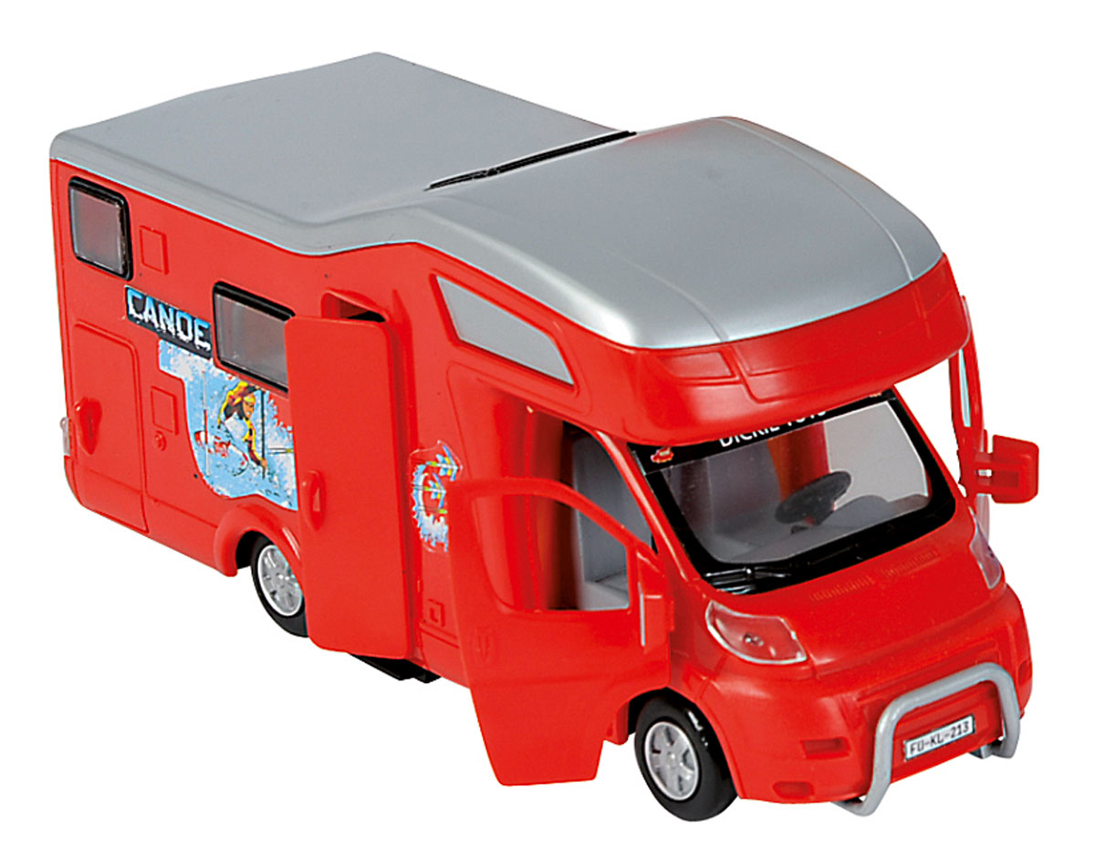 Dickie Toys Трейлер для отдыха цвет красный3314320_красный Dickie Toys Трейлер для отдыха цвет красный3314320_красныйЗабавная машинка Трейлер непременно привлечет внимание малыша благодаря яркому дизайну. Игрушка выполнена из прочного пластика в виде трейлера для отдыха и путешествий. Передние и боковая двери открываются, крыша у машинки снимается. Интерьер салона включает все необходимое для комфортного отдыха и долгого путешествия. Колеса машинки свободно вращаются. С такой машинкой ребенок может играть как дома, так и на улице. Игра с машинкой помогает развивать мелкую моторику, цветовое восприятие, координацию движений, а также являются хорошим средством для развлечения ребенка.