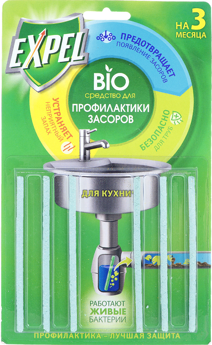 Bio средство для профилактики засоров Expel, для кухни, 6 шт38590403 Bio средство для профилактики засоров Expel, для кухни, 6 шт38590403Bio средство для профилактики засоров Expel - высокоэффективная профилактики засоров и уменьшения неприятного запаха из раковины. Попадая в сифон, палочка постепенно растворяется в токе воды в течение 2-х недель, непрерывно высвобождая специально подобранные энзимы и культуры бактерий. Биокомпоненты перерабатывают пищевые отходы, препятствуя накоплению на стенках труб. Дозировка: по 1 палочке каждые 2 недели. Состав: =30%: полимерный носитель. Товар сертифицирован.